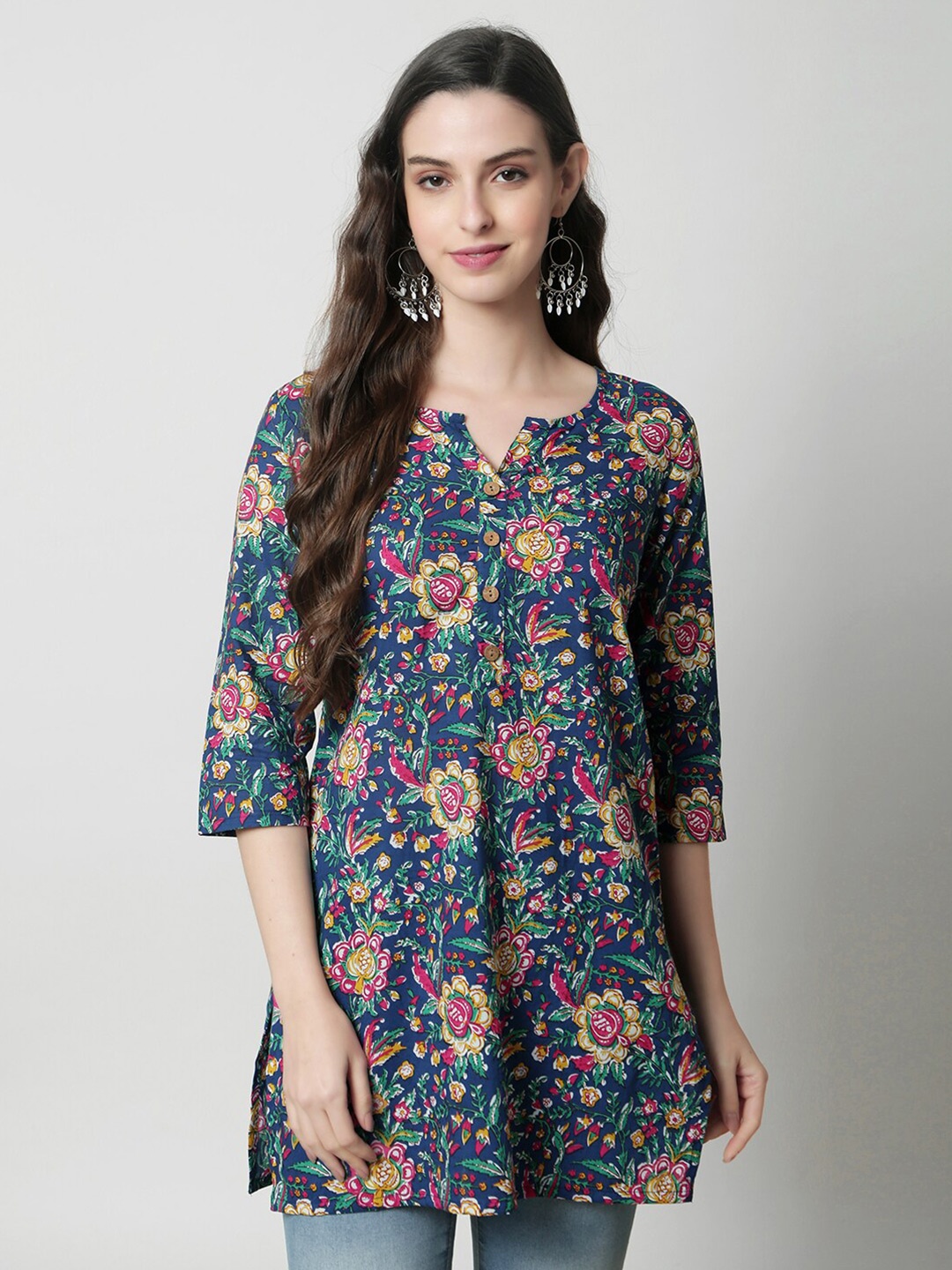 

KALINI Ethnic Motifs Printed Pure Cotton Kurti, Blue