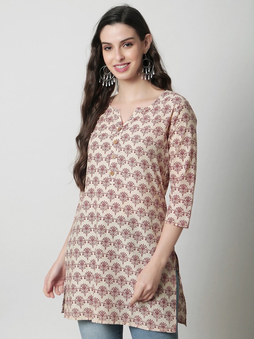 

KALINI Ethnic Motifs Printed Pure Cotton Kurti, Beige