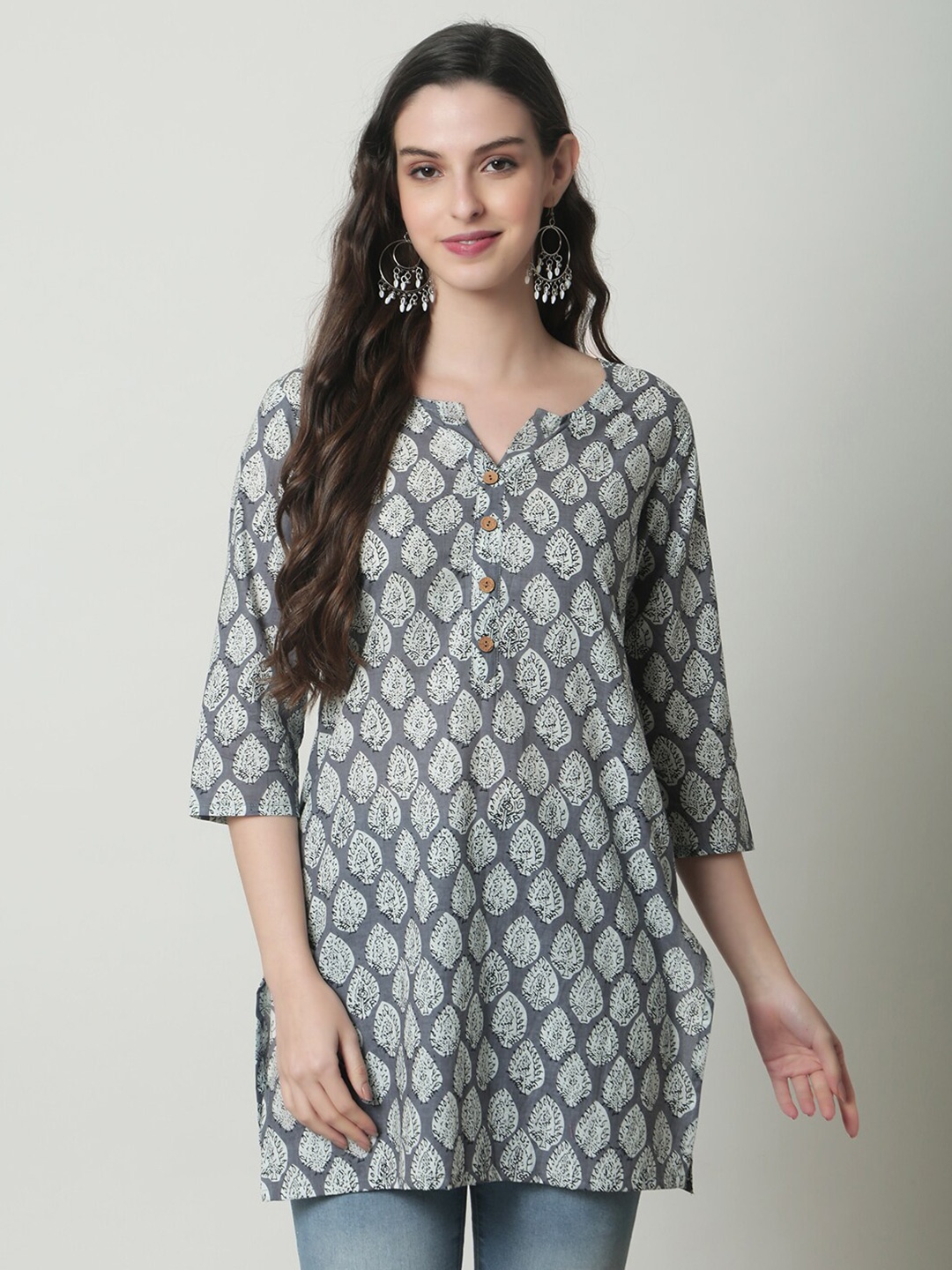 

KALINI Floral Printed Round Neck Pure Cotton A-Line Kurti, Grey