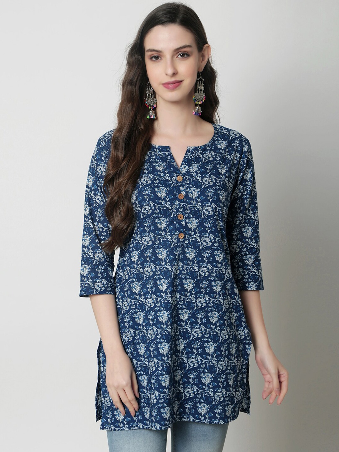 

KALINI Floral Printed Pure Cotton Straight Kurti, Navy blue