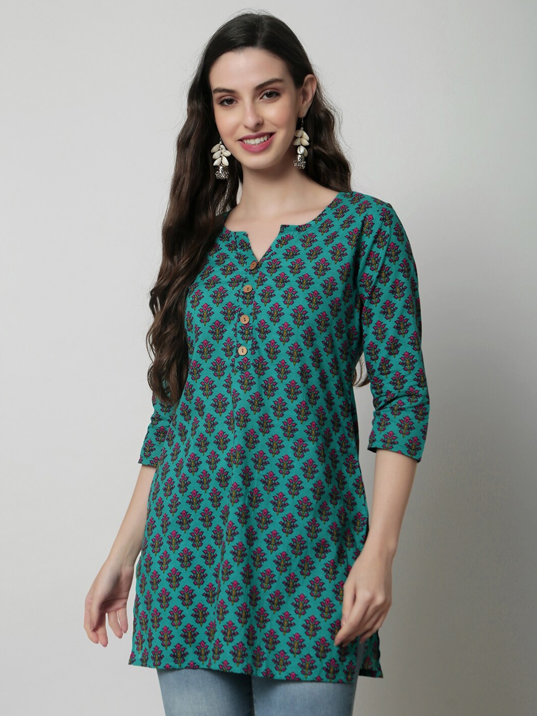 

KALINI Ethnic Motifs Printed Pure Cotton Straight Kurti, Green