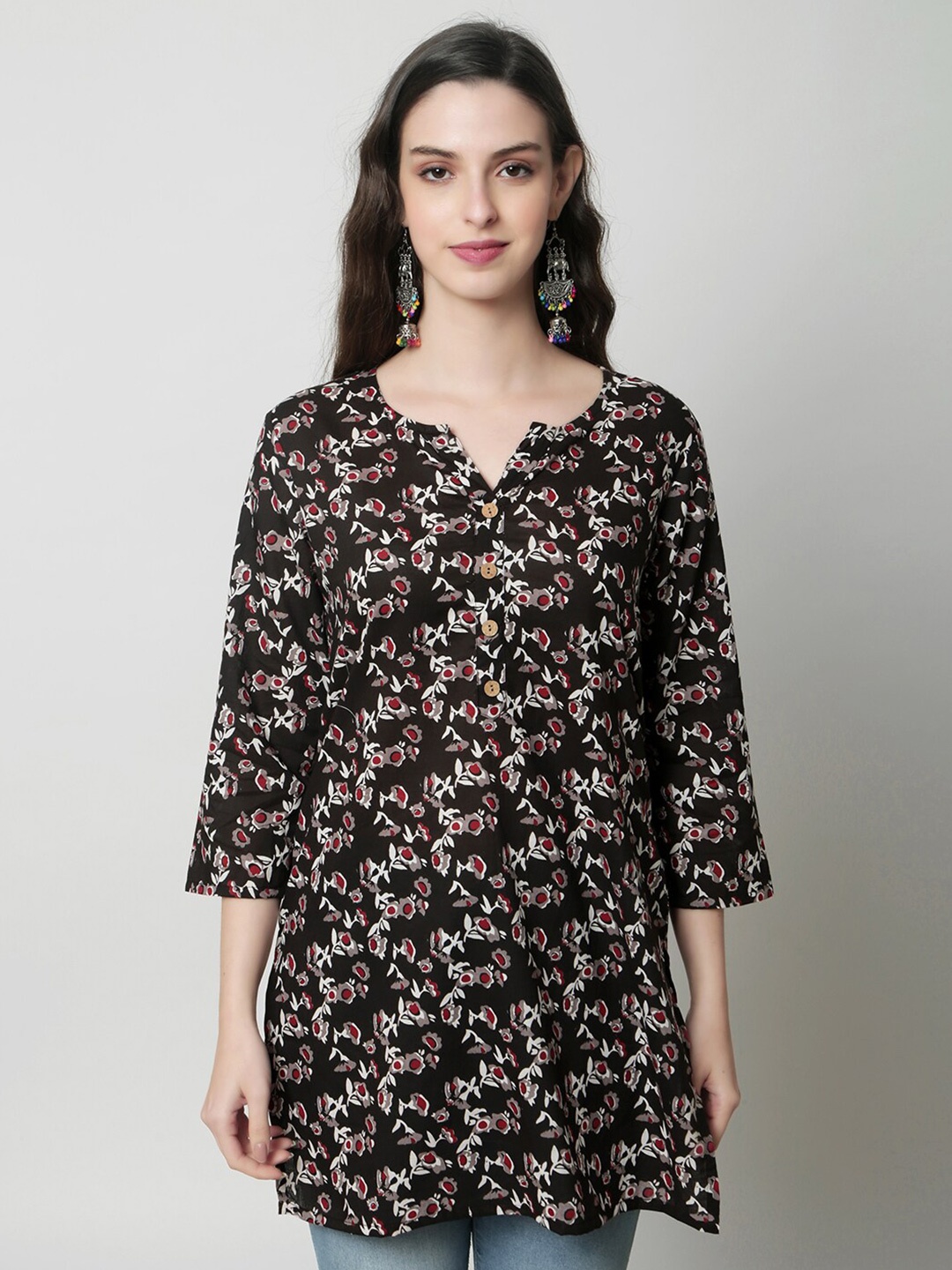 

KALINI Floral Printed Pure Cotton Straight Kurti, Black