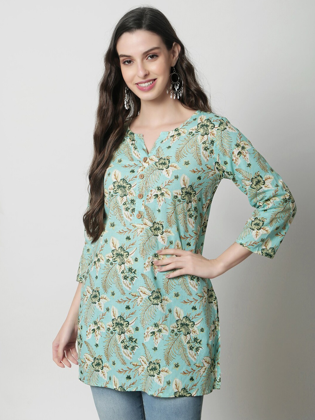 

KALINI Floral Printed Straight Pure Cotton Kurti, Green