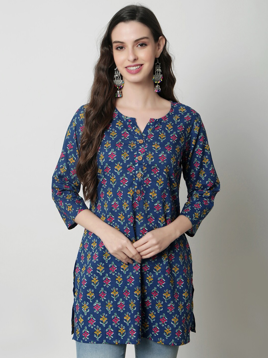 

KALINI Floral Printed Straight Pure Cotton Kurti, Blue