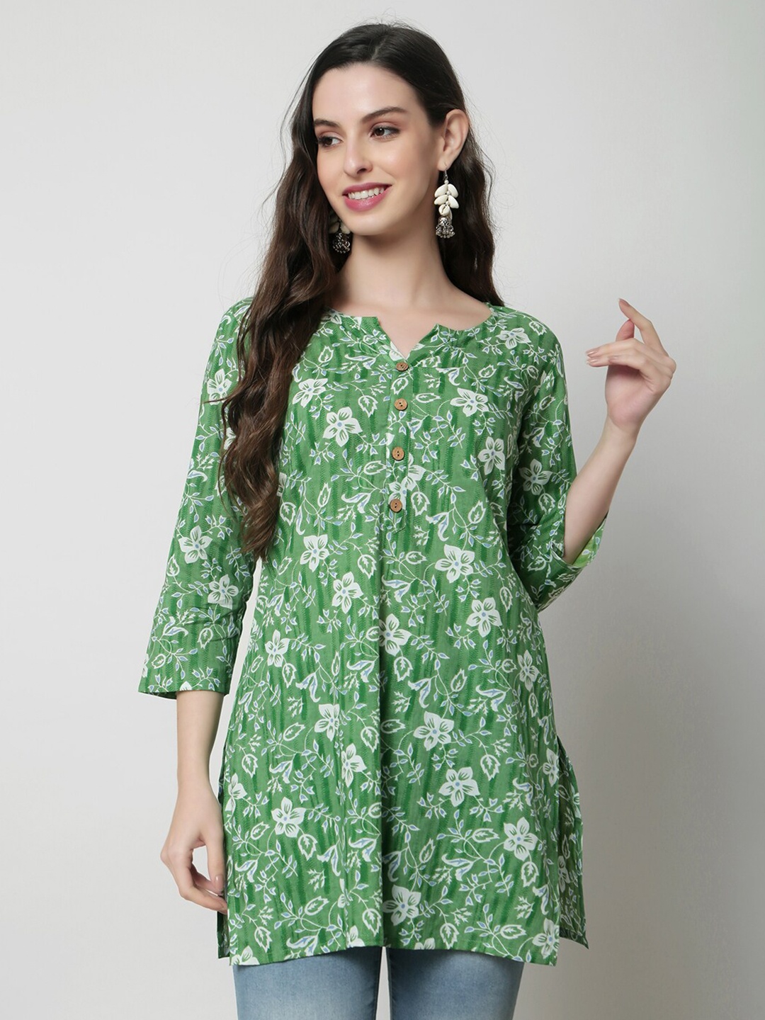 

KALINI Floral Printed Straight Pure Cotton Kurti, Green