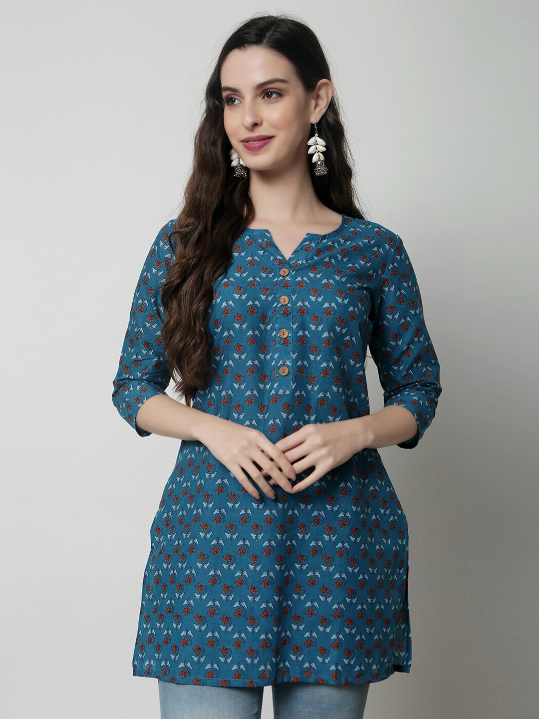 

KALINI Floral Printed Pure Cotton Kurti, Blue