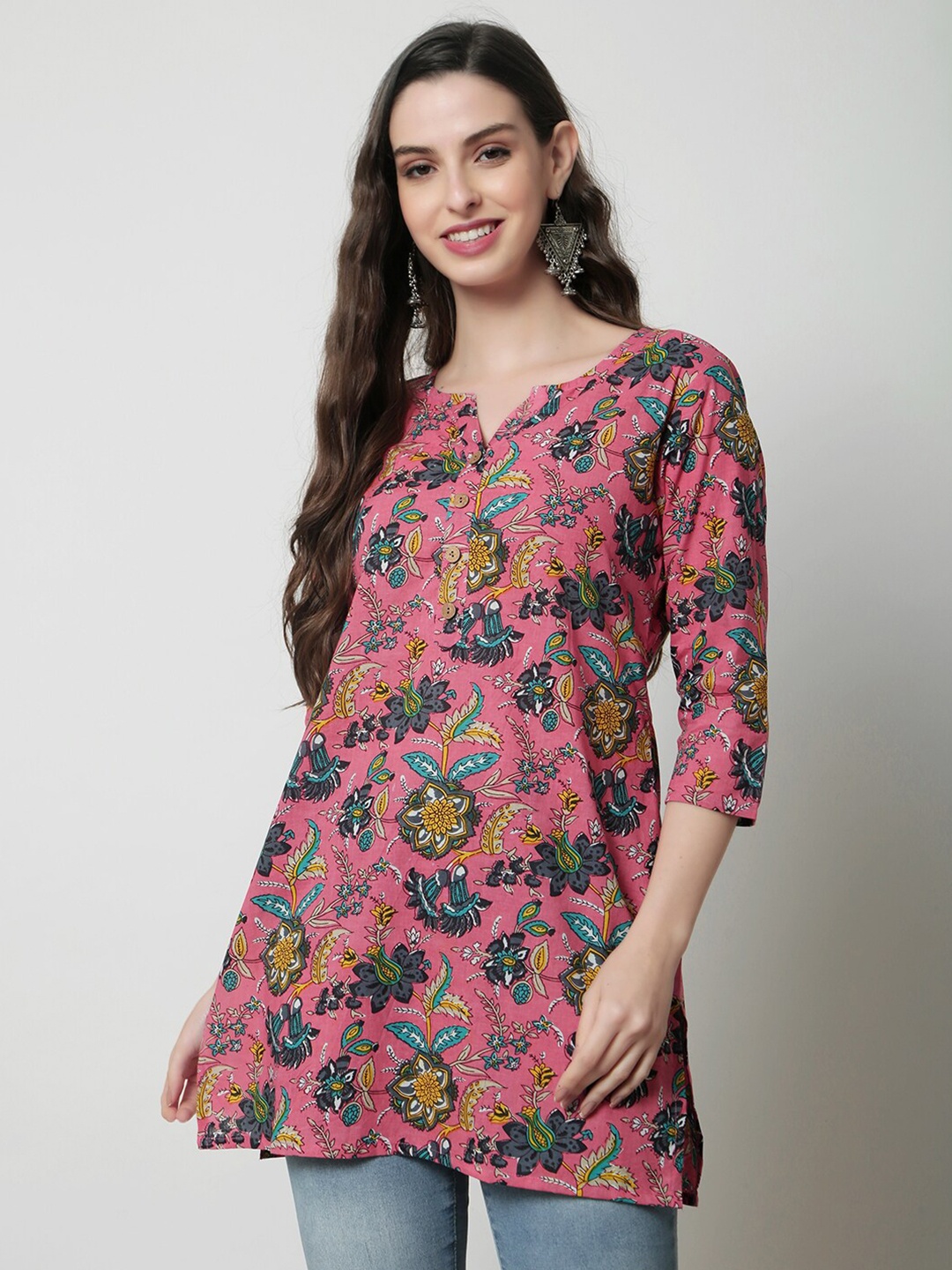 

KALINI Round Neck Floral Printed Cotton Top, Pink