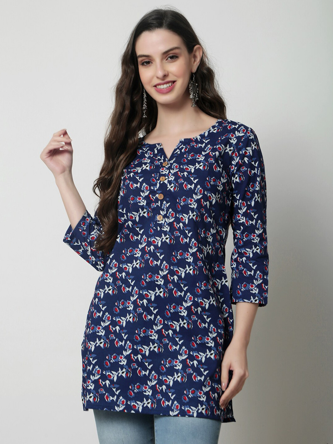 

KALINI Round Neck Opaque Floral Printed Cotton Top, Blue