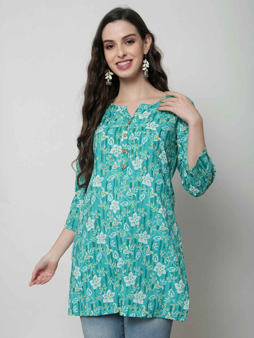 

KALINI Floral Print Notch neck Cotton Top, Sea green