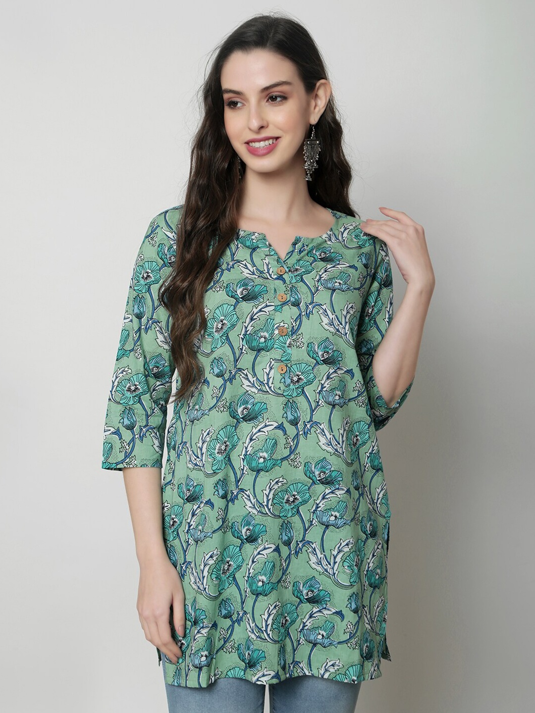 

KALINI Floral Print Notch neck Cotton Top, Green