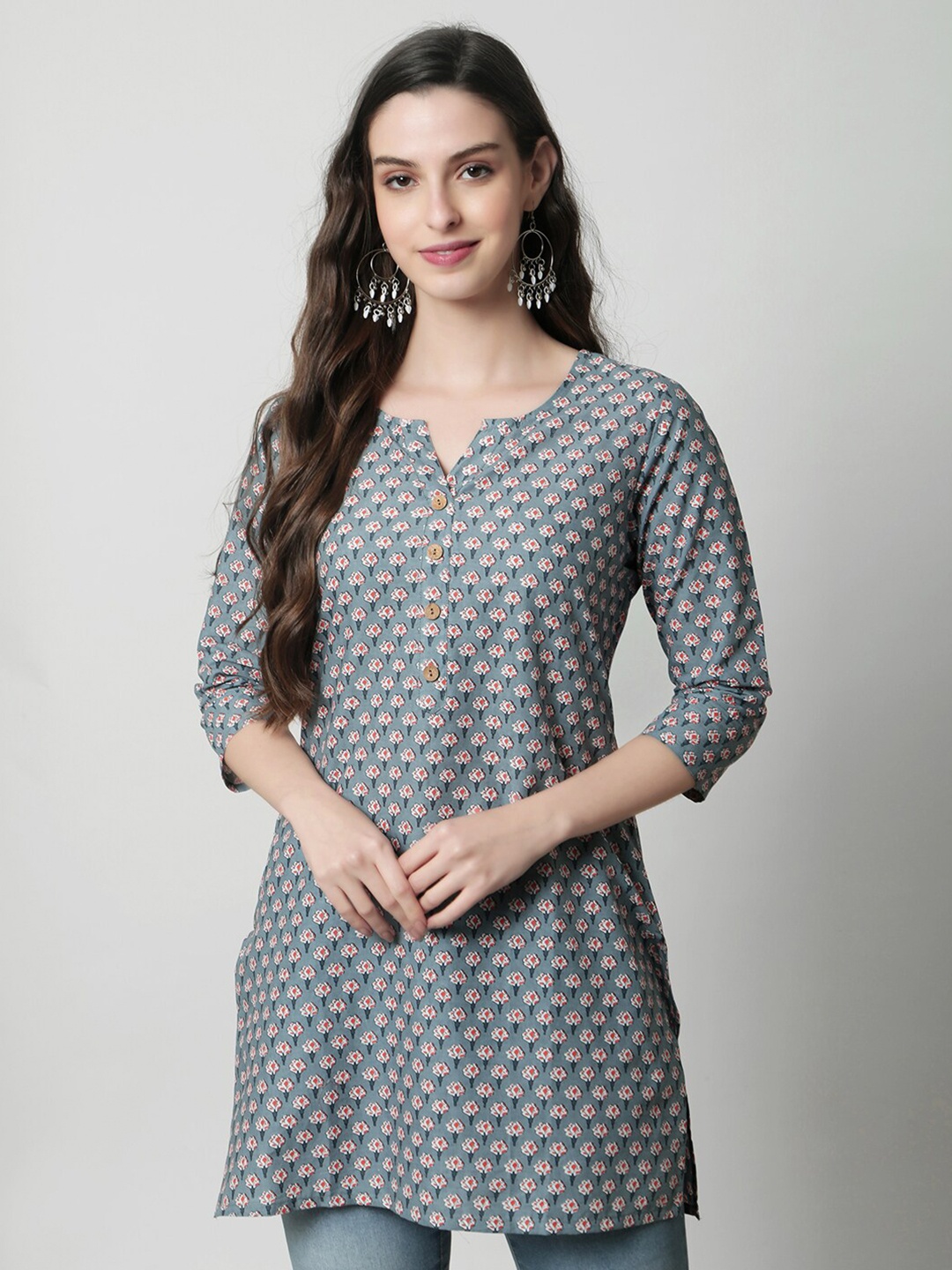 

KALINI Floral Print Notch neck Cotton Top, Grey