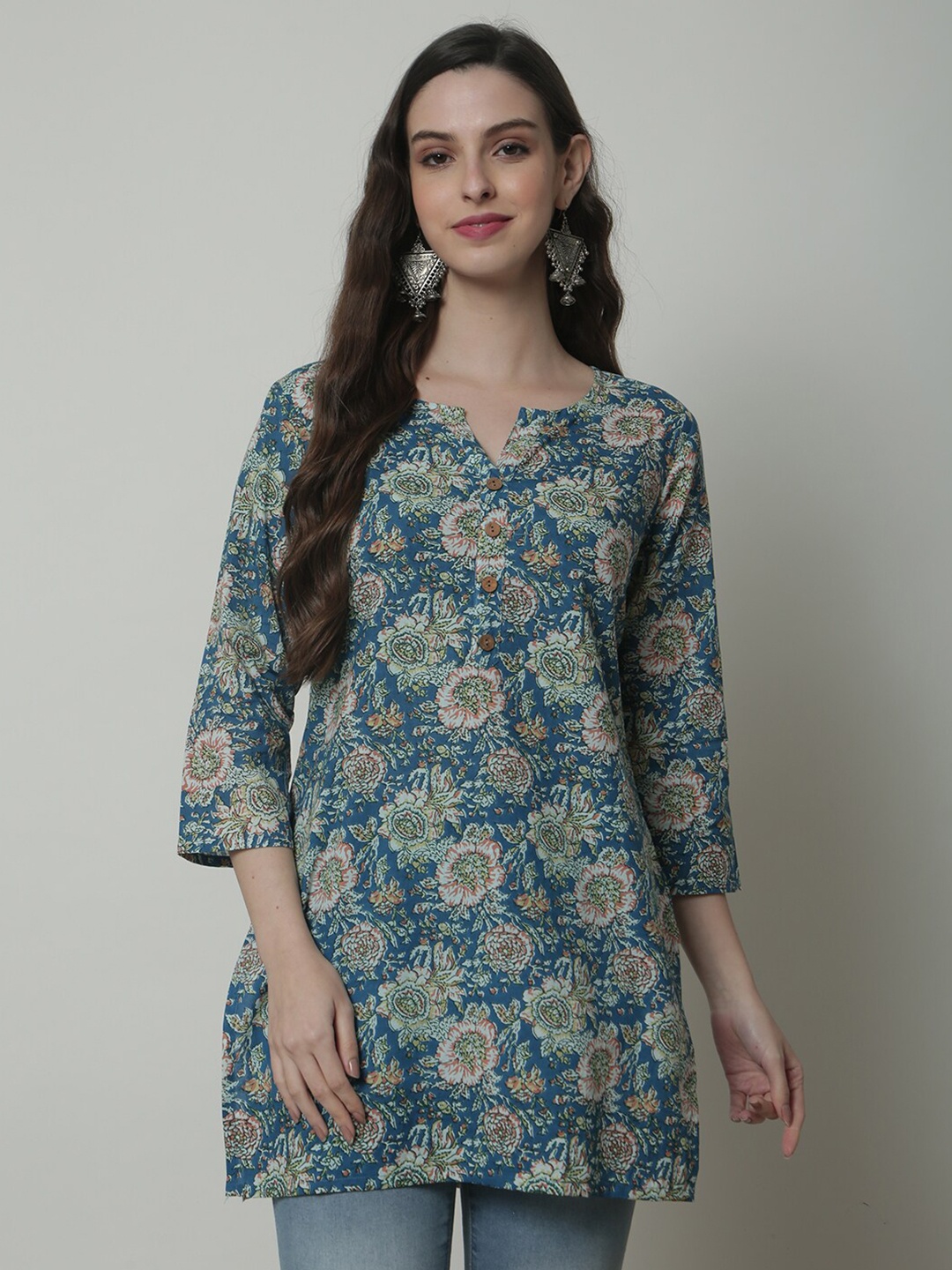 

KALINI Floral Printed Pure Cotton Regular Top, Sea green