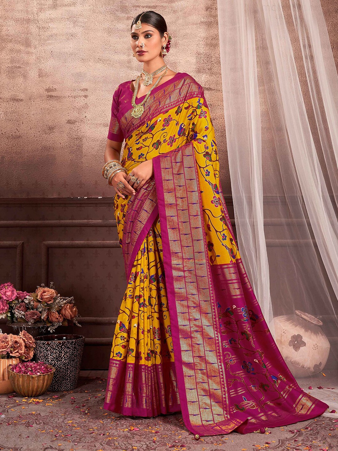

Mitera Floral Printed Silk Cotton Zari Saree, Yellow