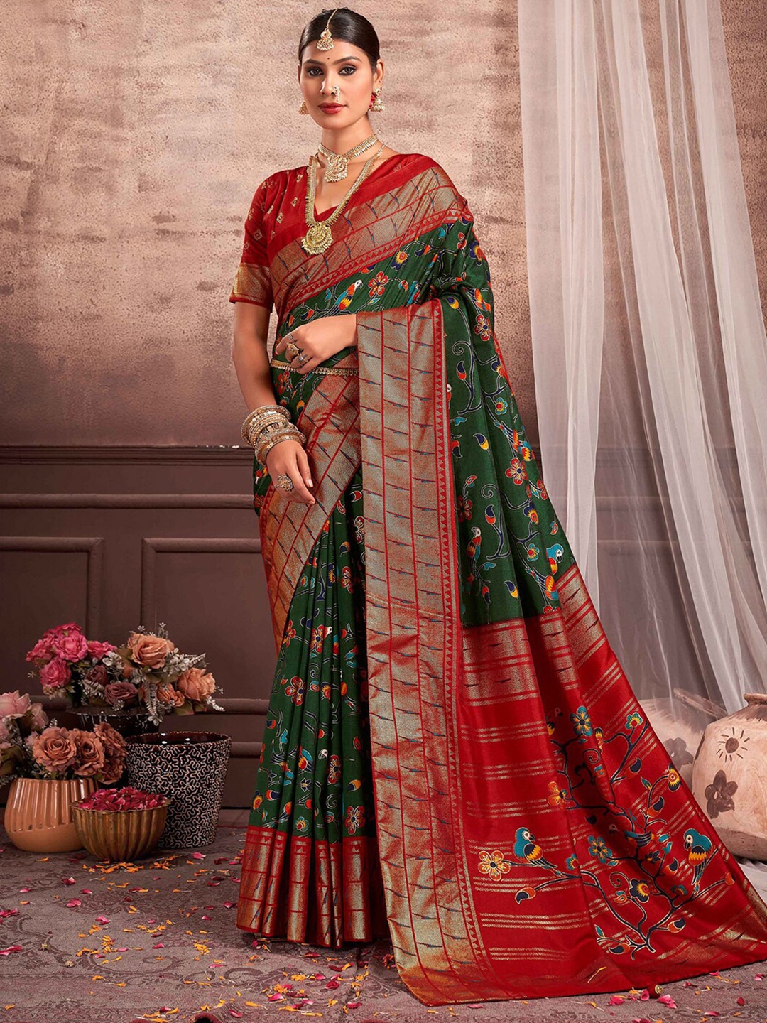 

Mitera Floral Printed Silk Cotton Zari Saree, Green