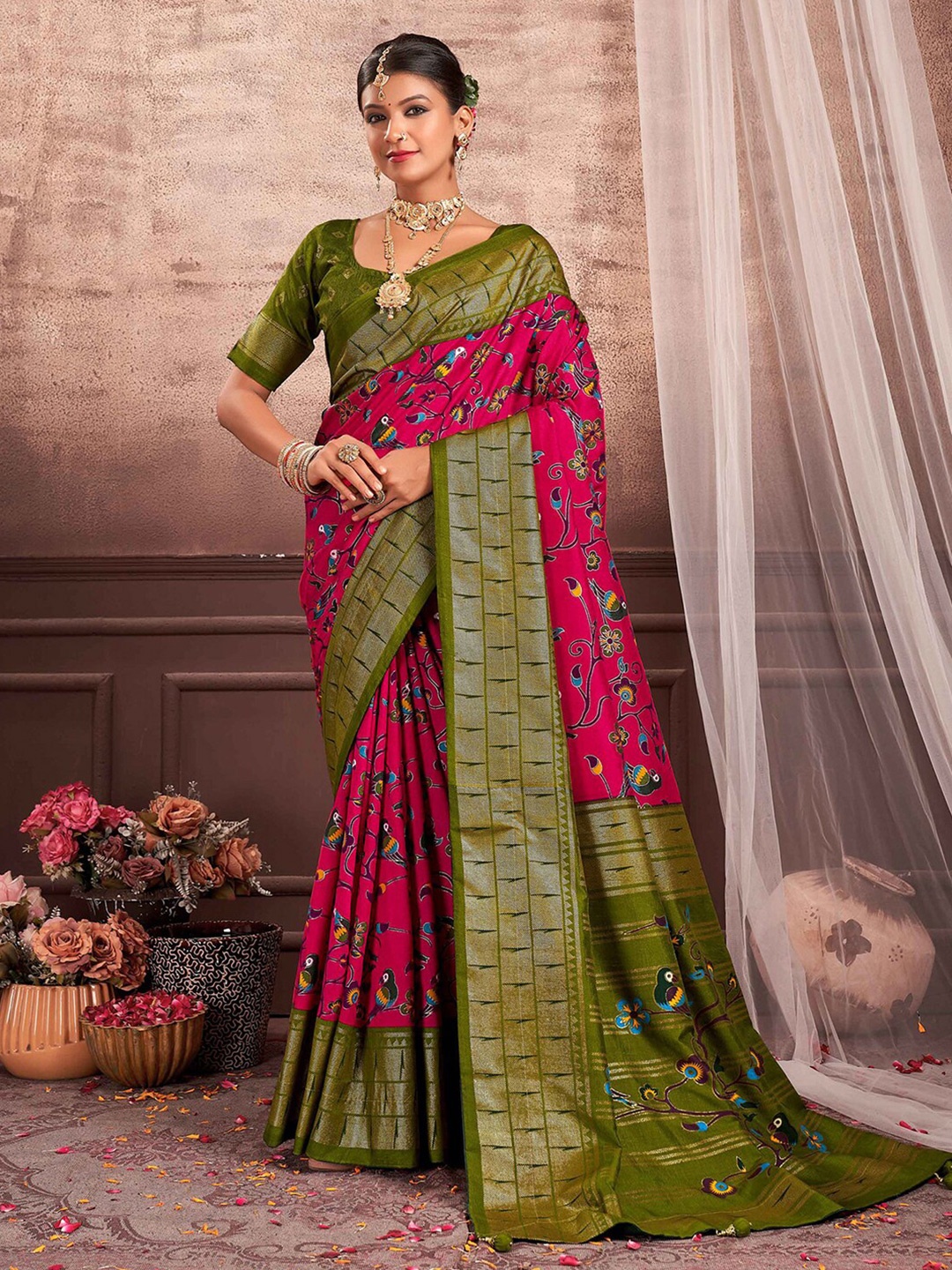 

Mitera Floral Printed Silk Cotton Zari Saree, Pink