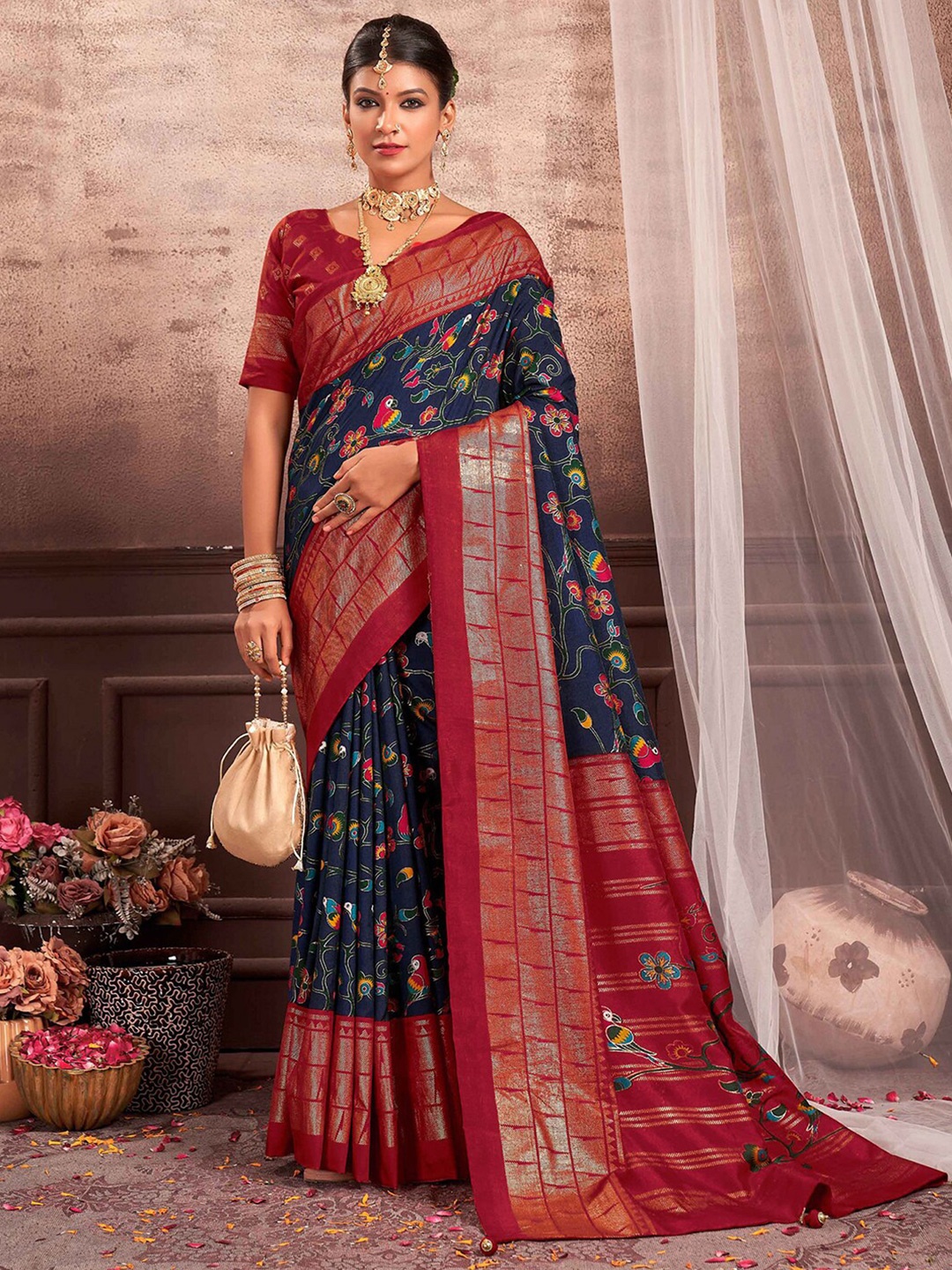 

Mitera Floral Printed Silk Cotton Zari Saree, Navy blue