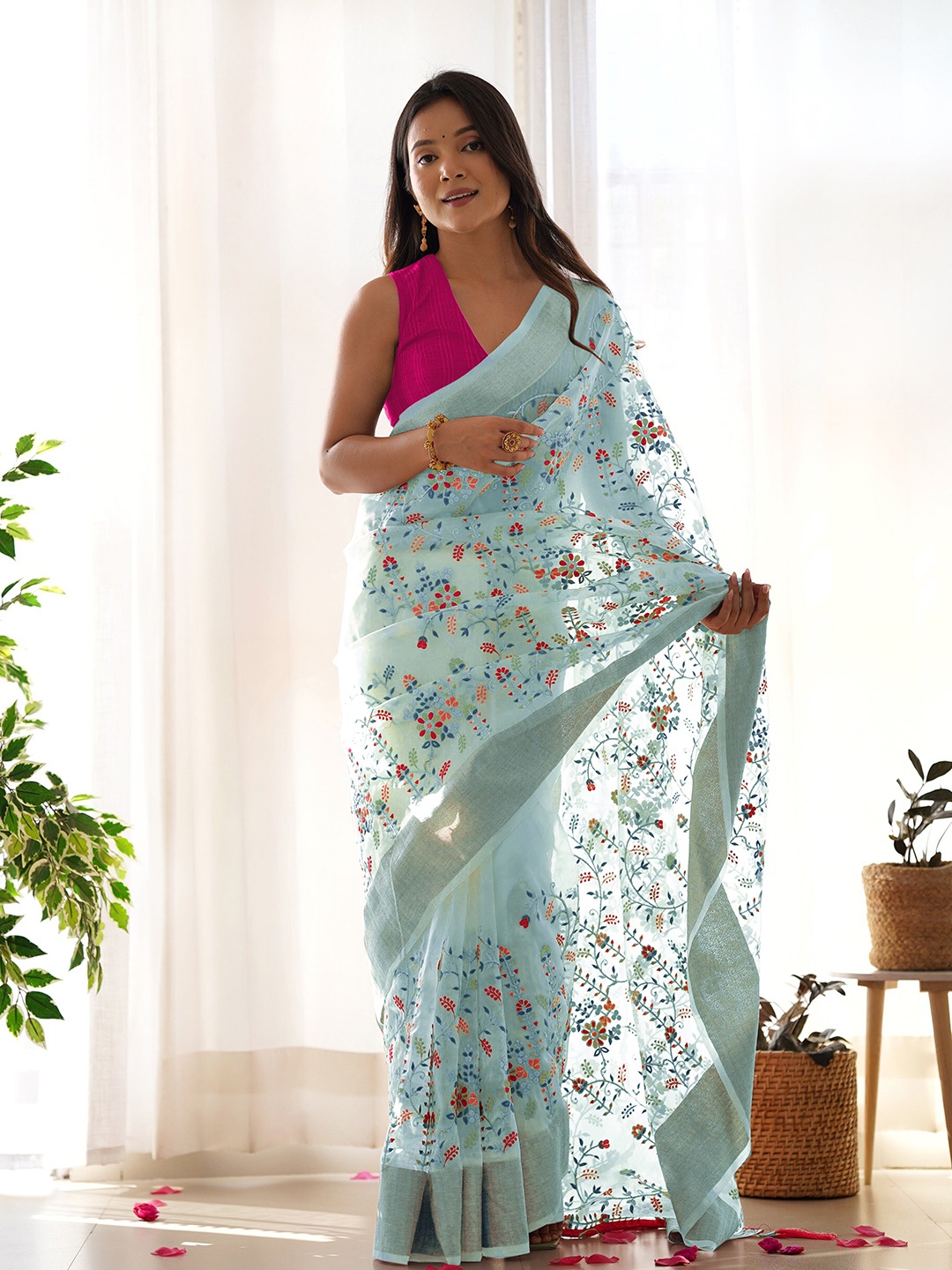 

Munir Floral Embroidered Organza Heavy Work Saree, Blue