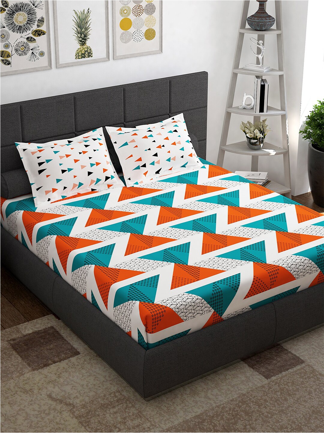 

Story@home Teal Orange Geometric Cotton 144 TC Queen Bedsheet With 2 Pillow Covers