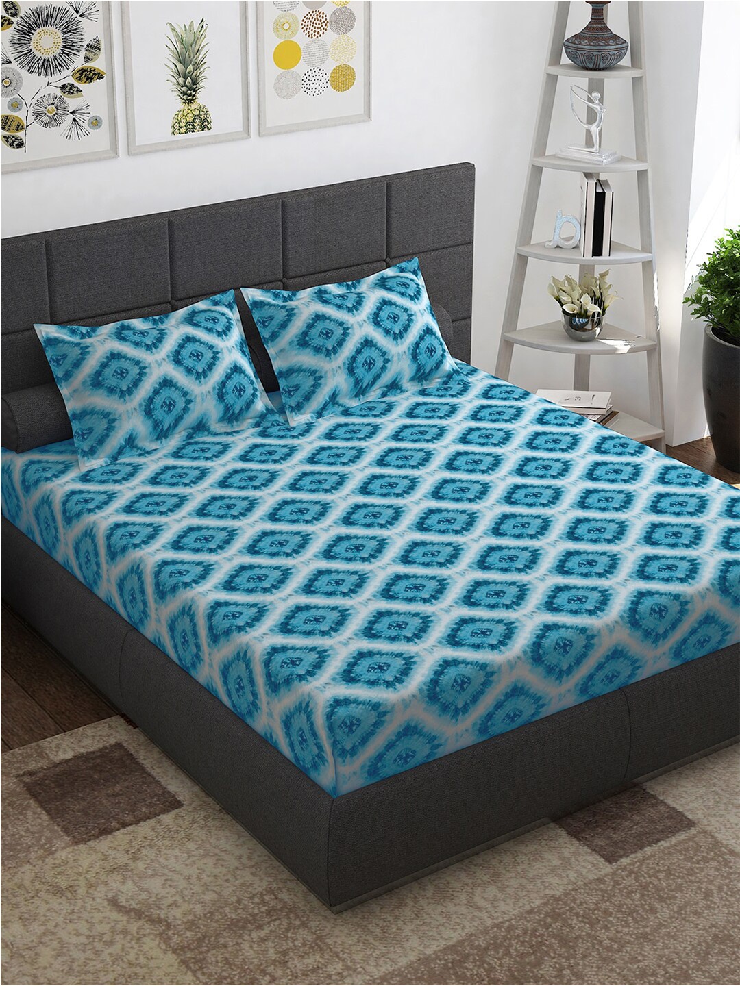 

Story@home Blue White Geometric Cotton 144 TC Queen Bedsheet With 2 Pillow Covers