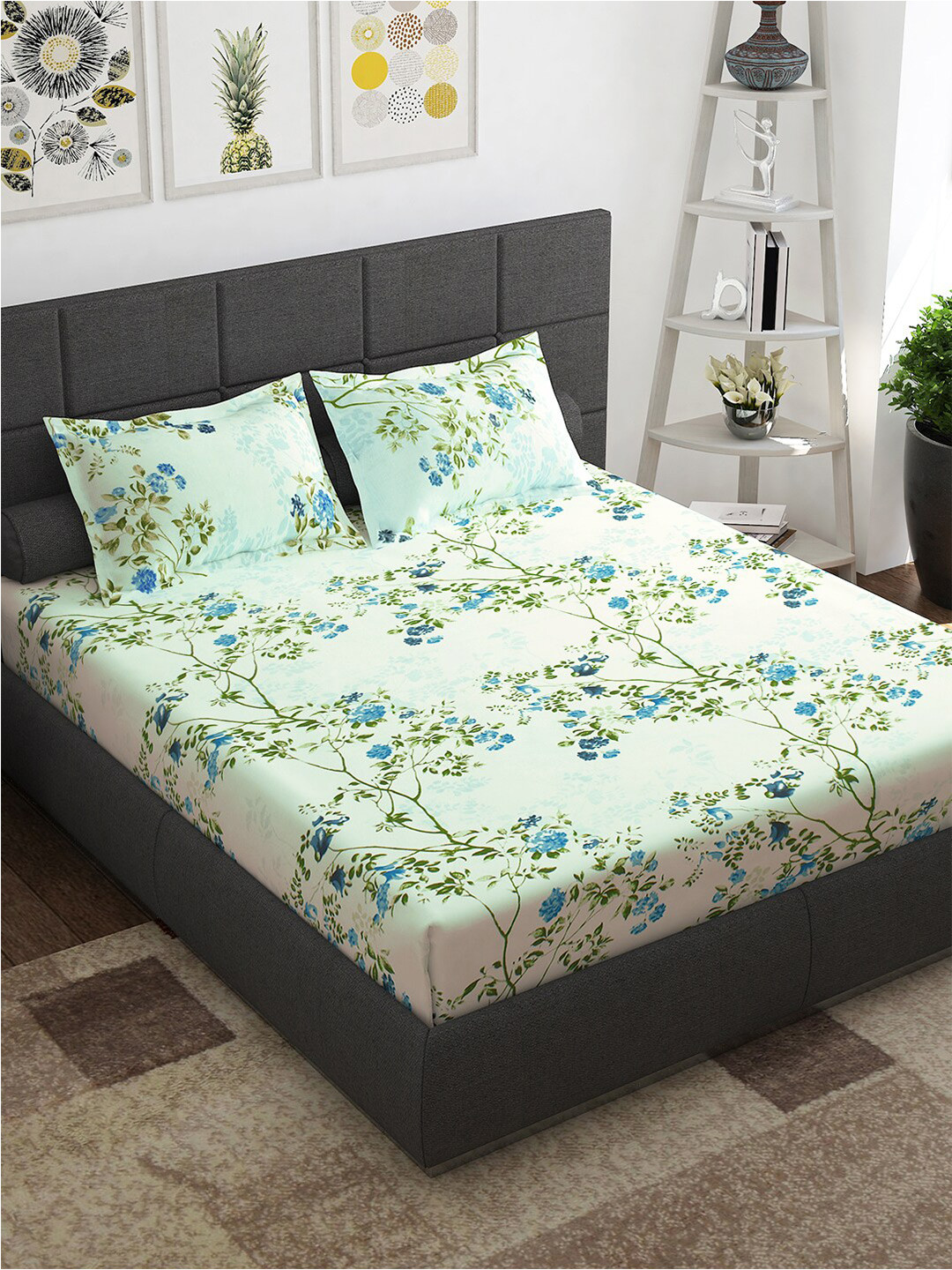 

Story@home Green Blue Floral 144 TC Queen Bedsheet with 2 Pillow Covers