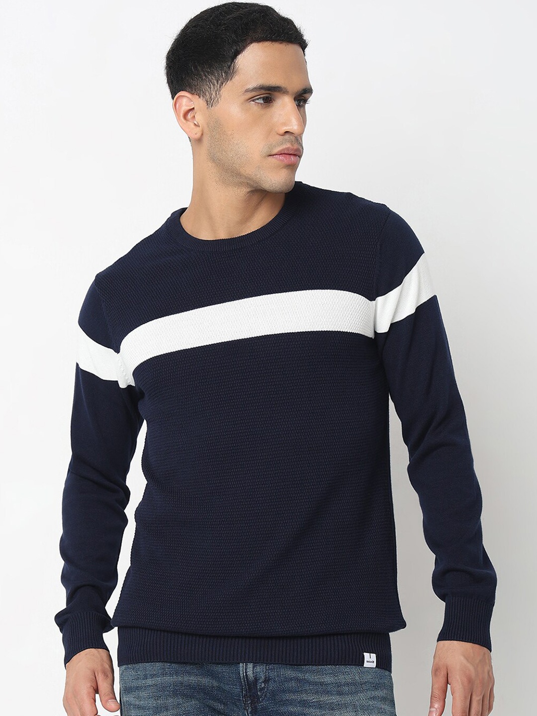 

SPYKAR Striped Round Neck Cotton Pullover Sweater, Blue