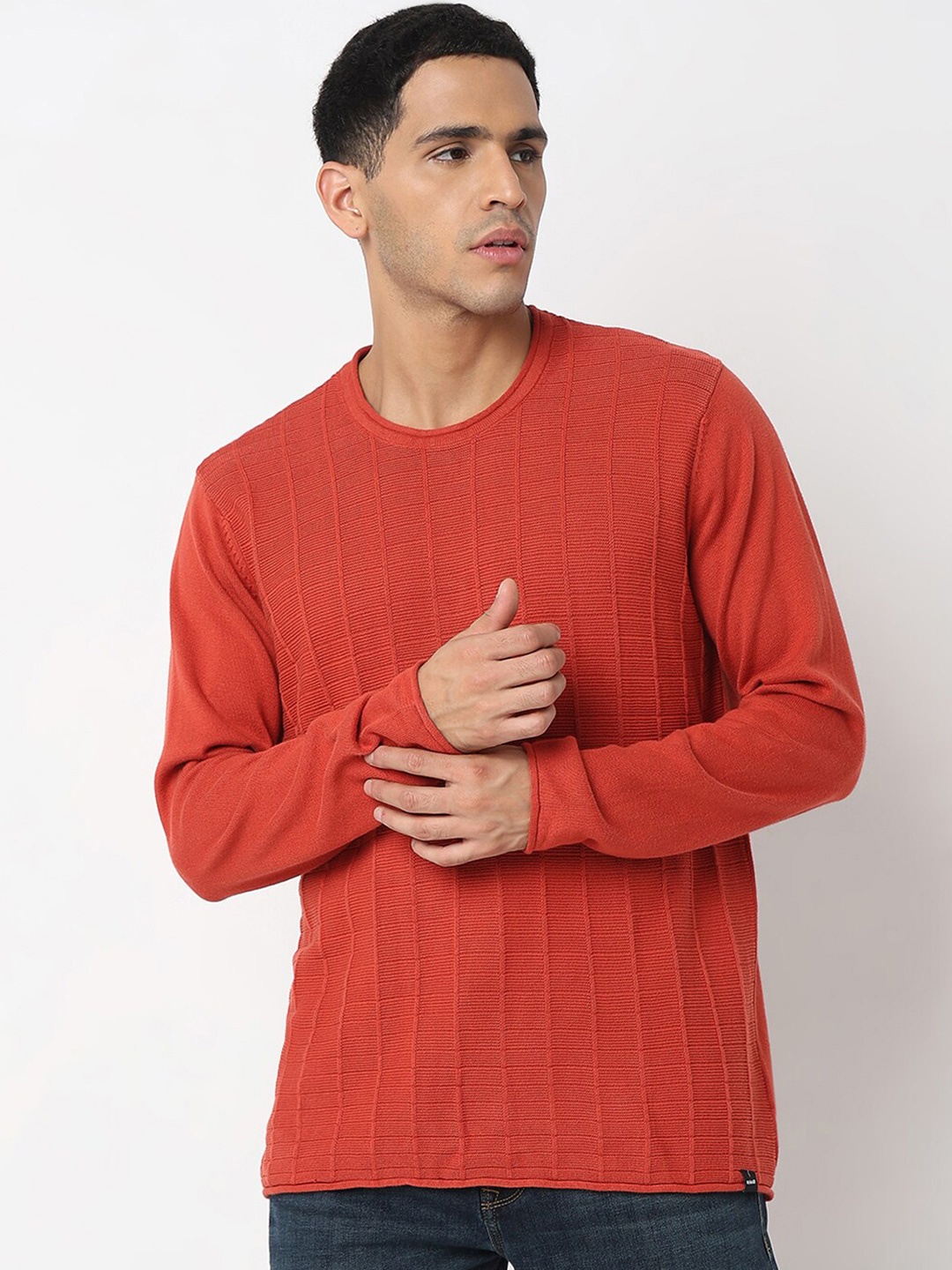 

SPYKAR Cable Knit Round Neck Long Sleeves Cotton Pullover Sweater, Orange