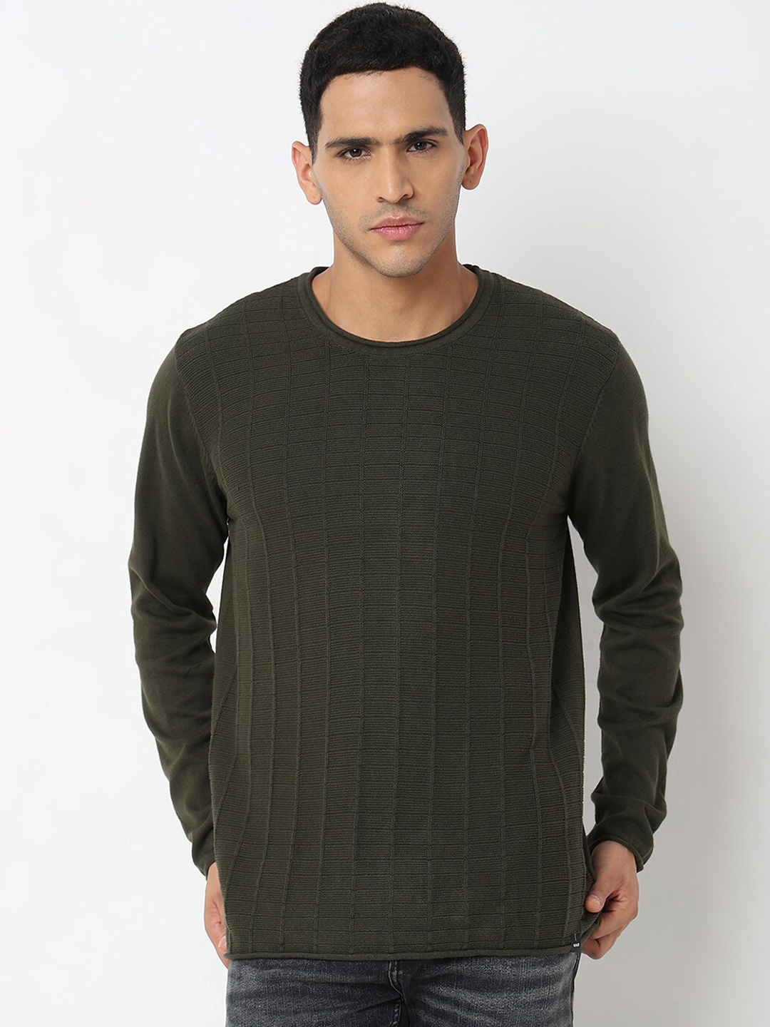 

SPYKAR Cable Knit Round Neck Long Sleeves Cotton Pullover Sweater, Green