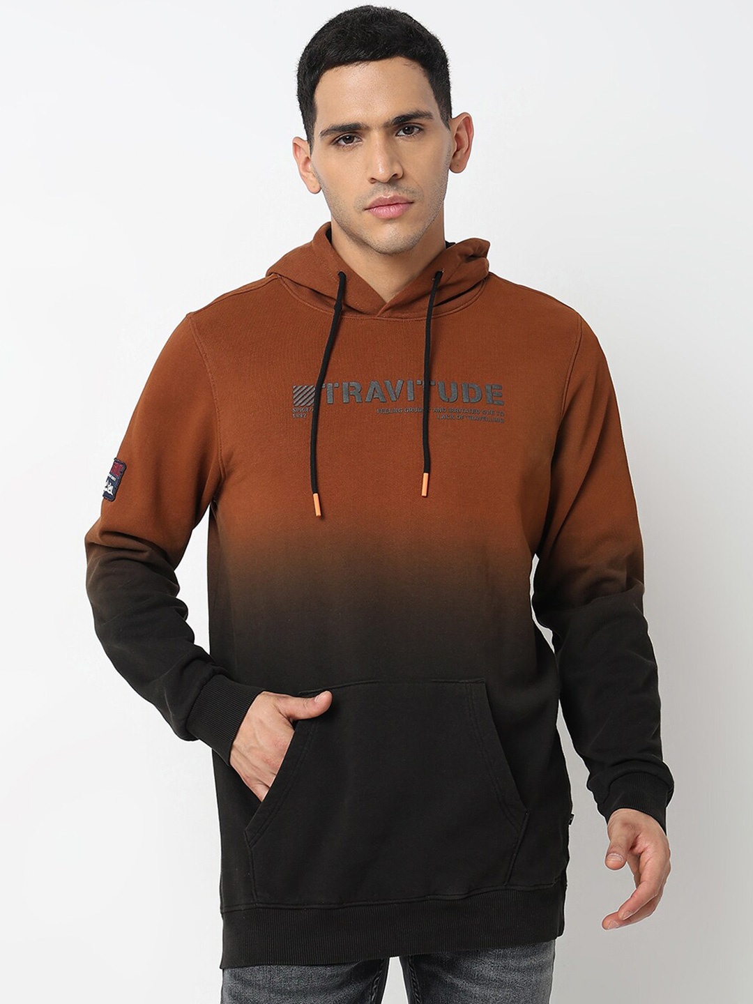 

SPYKAR Typography Printed Hooded Cotton Sweatshirt, Brown