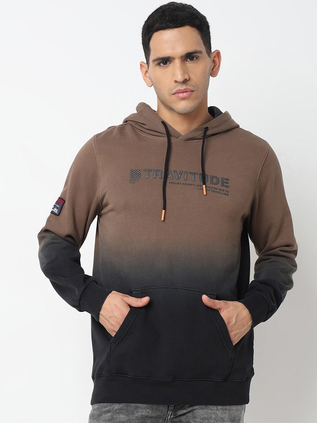 

SPYKAR Typography Printed Hooded Cotton Sweatshirt, Brown