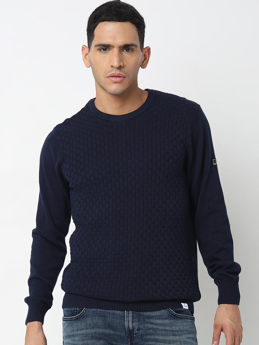 

SPYKAR Cable Knit Round Neck Long Sleeves Cotton Pullover Sweater, Blue