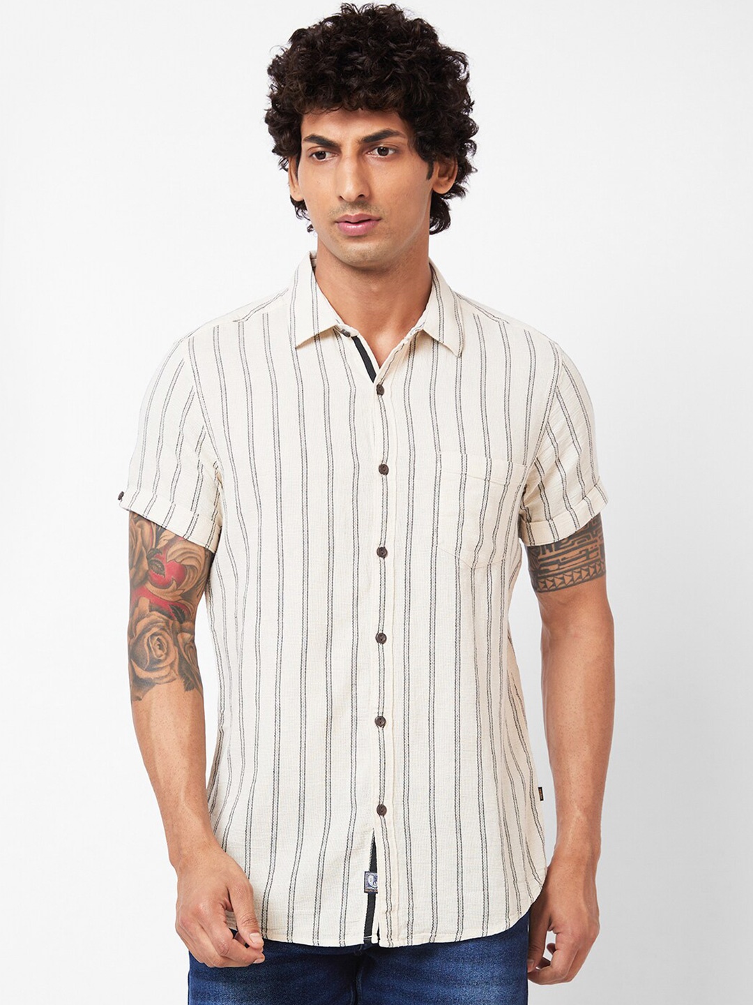 

SPYKAR Slim Fit Striped Spread Collar Short Sleeves Casual Shirt, White