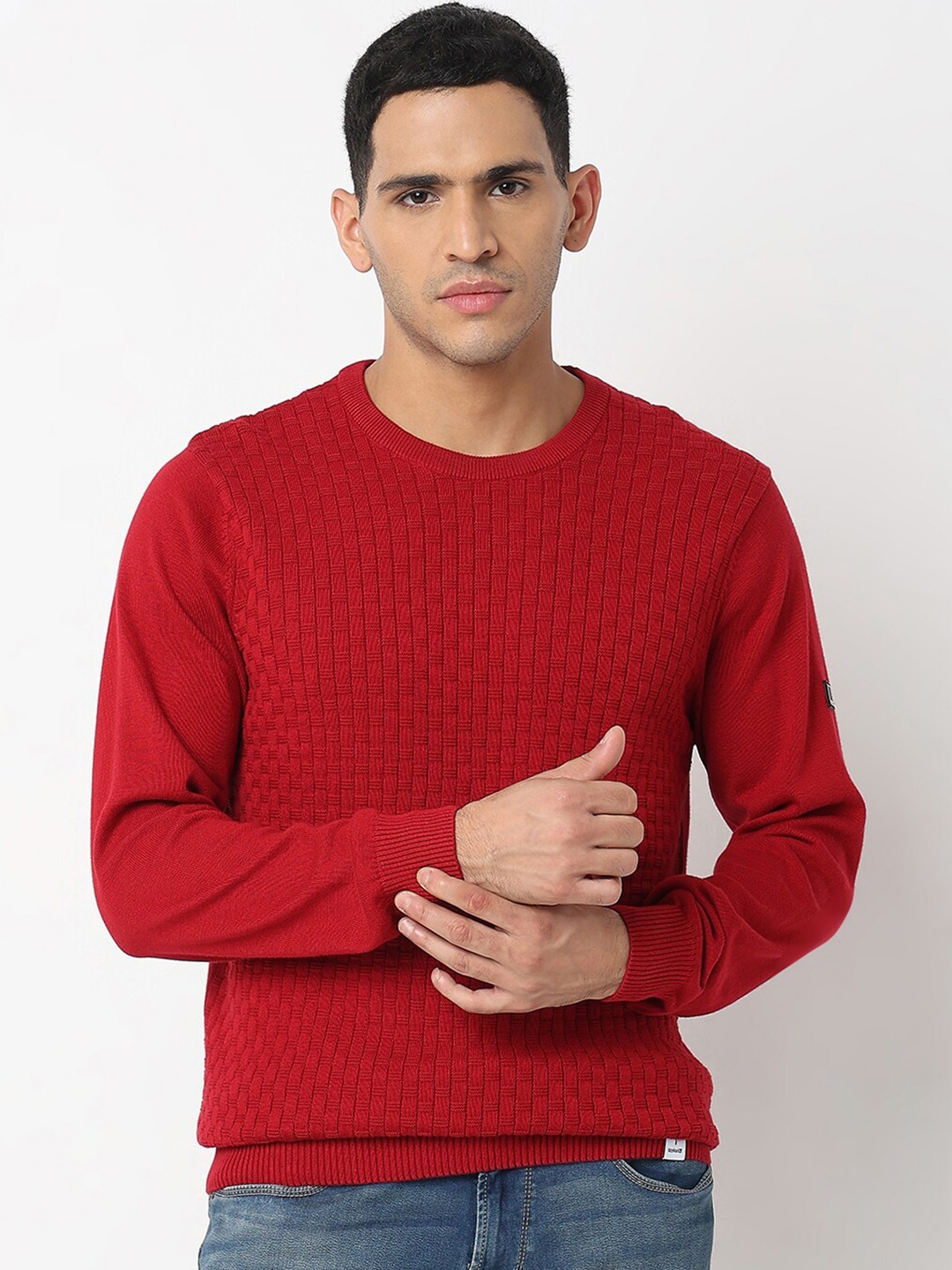 

SPYKAR Cable Knit Round Neck Long Sleeves Cotton Pullover Sweater, Red