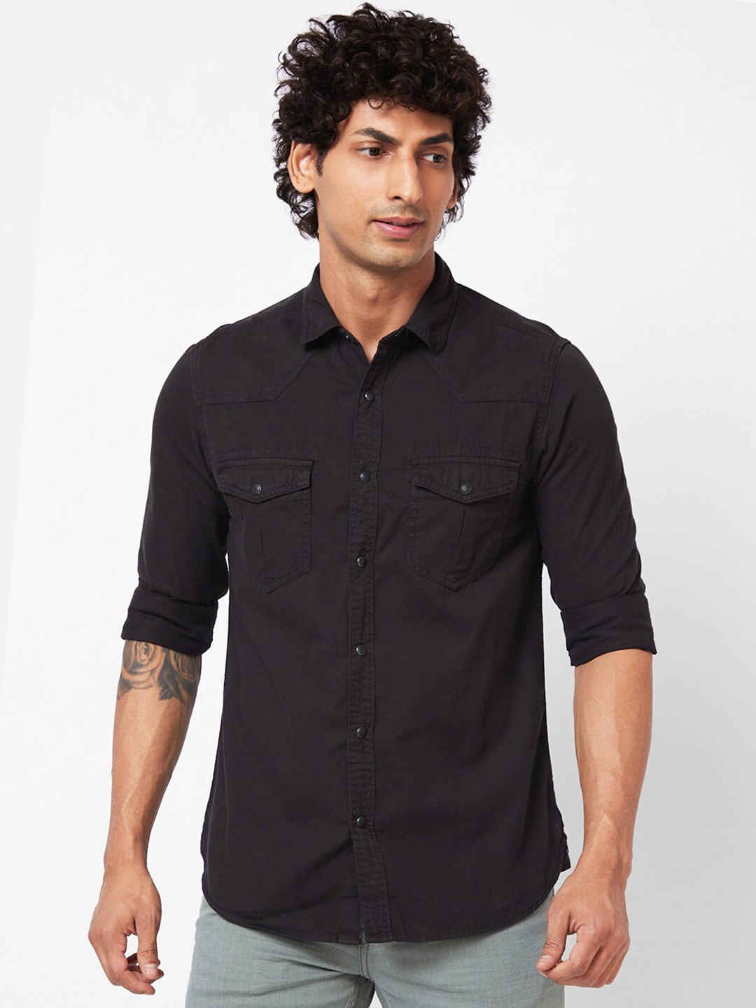 

SPYKAR Slim Fit Spread Collar Casual Shirt, Black