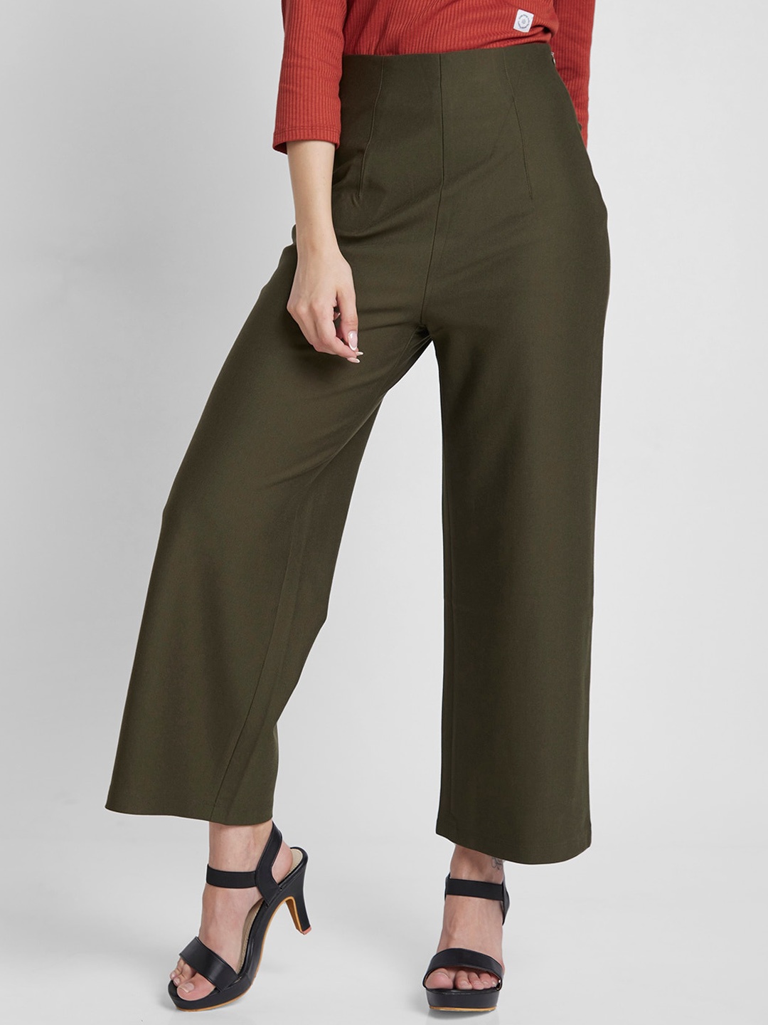 

SPYKAR Women High-Rise Flared-Fit Cotton Trousers, Green