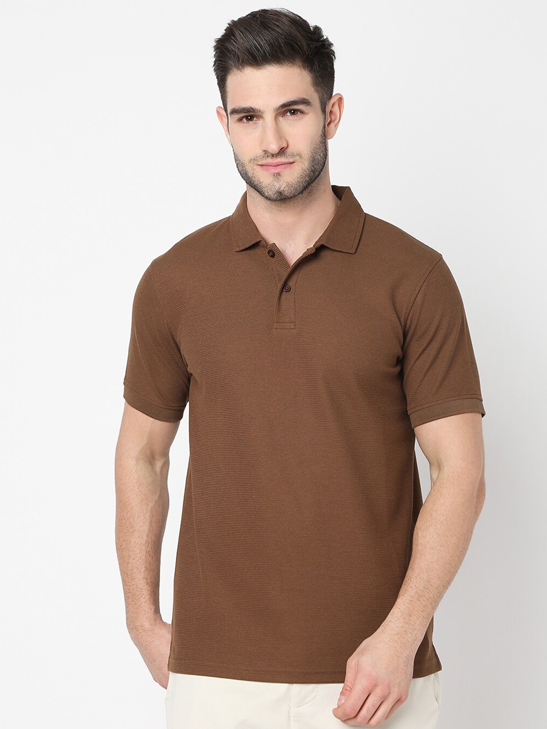 

R&B Polo Collar Short Sleeves Cotton T-shirt, Brown
