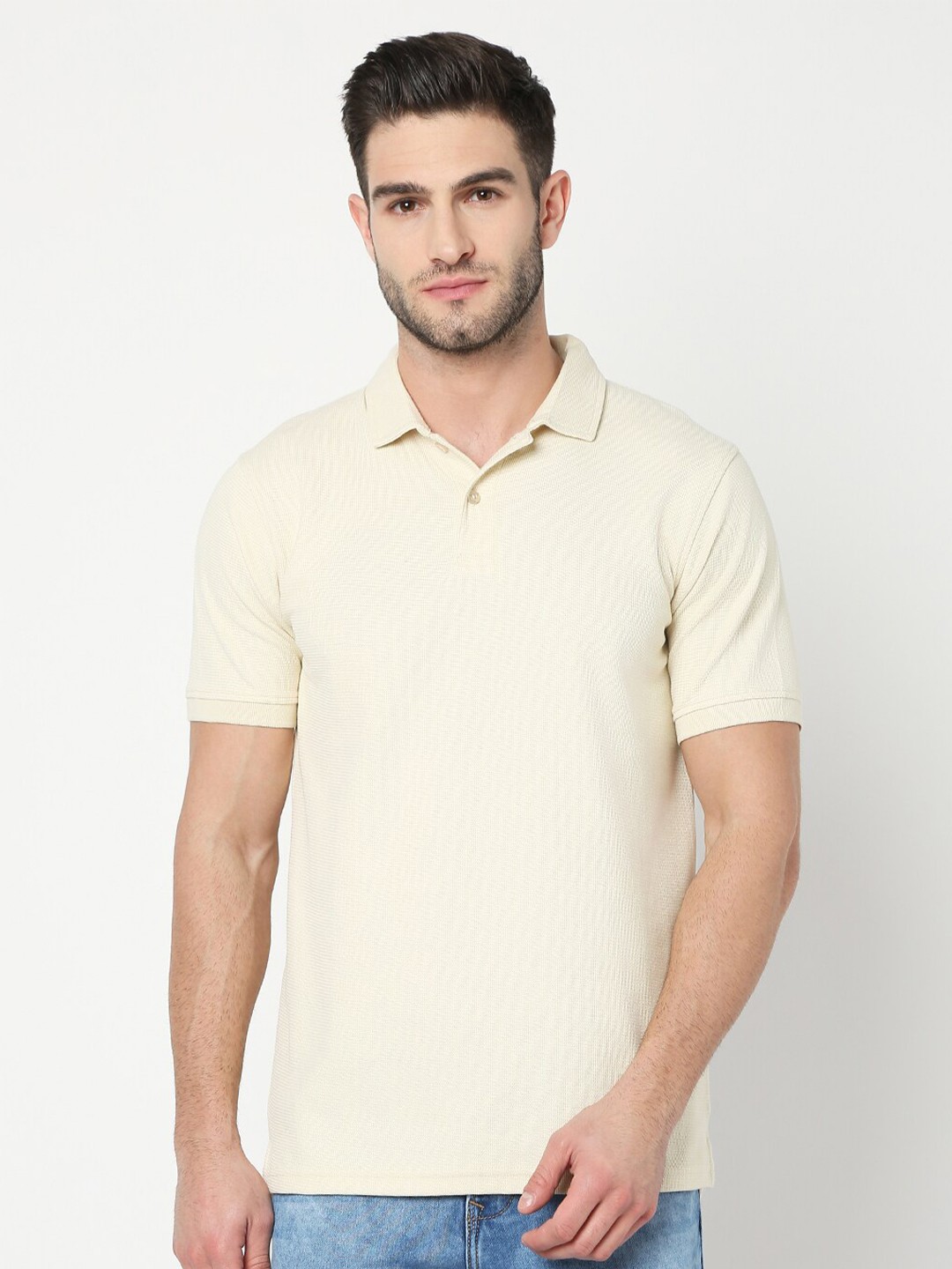 

R&B Polo Collar Short Sleeves Cotton T-shirt, Cream