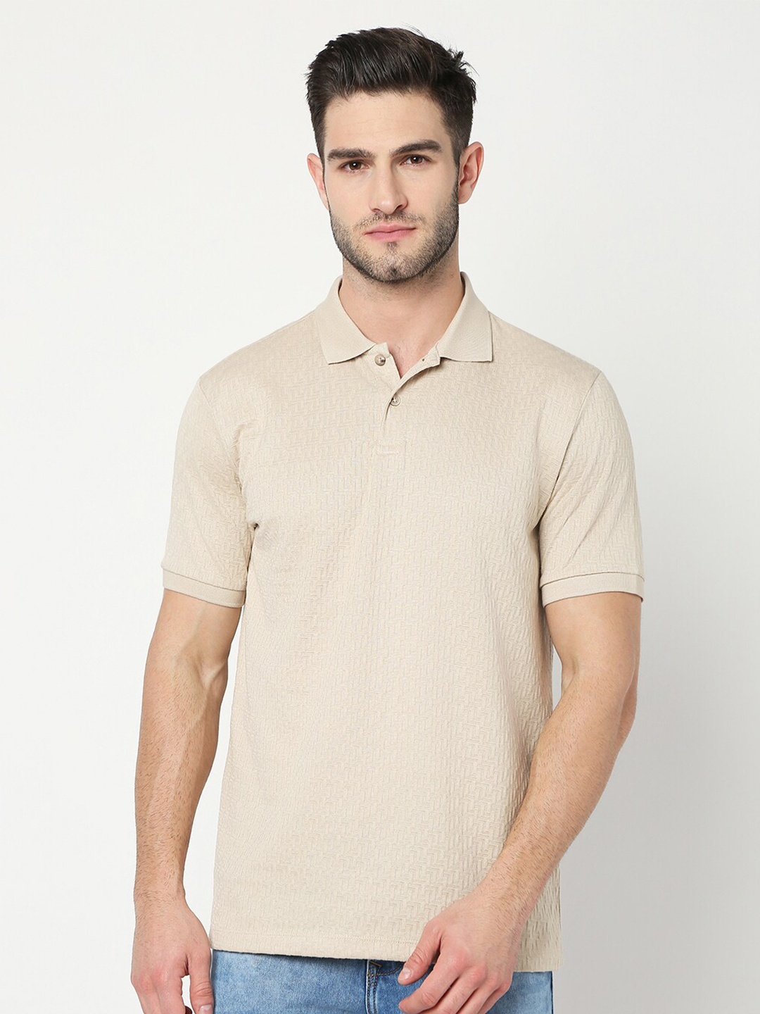 

R&B Self Design Polo Collar T-shirt, Beige