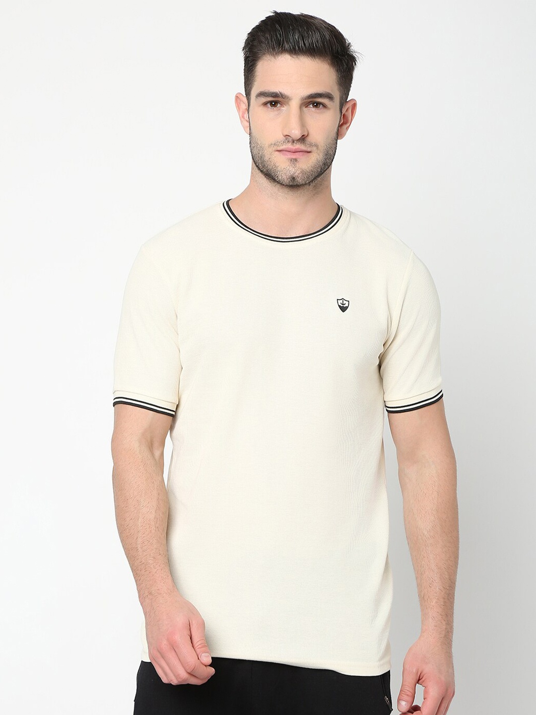

R&B Round Neck Short Sleeves Cotton T-shirt, Beige