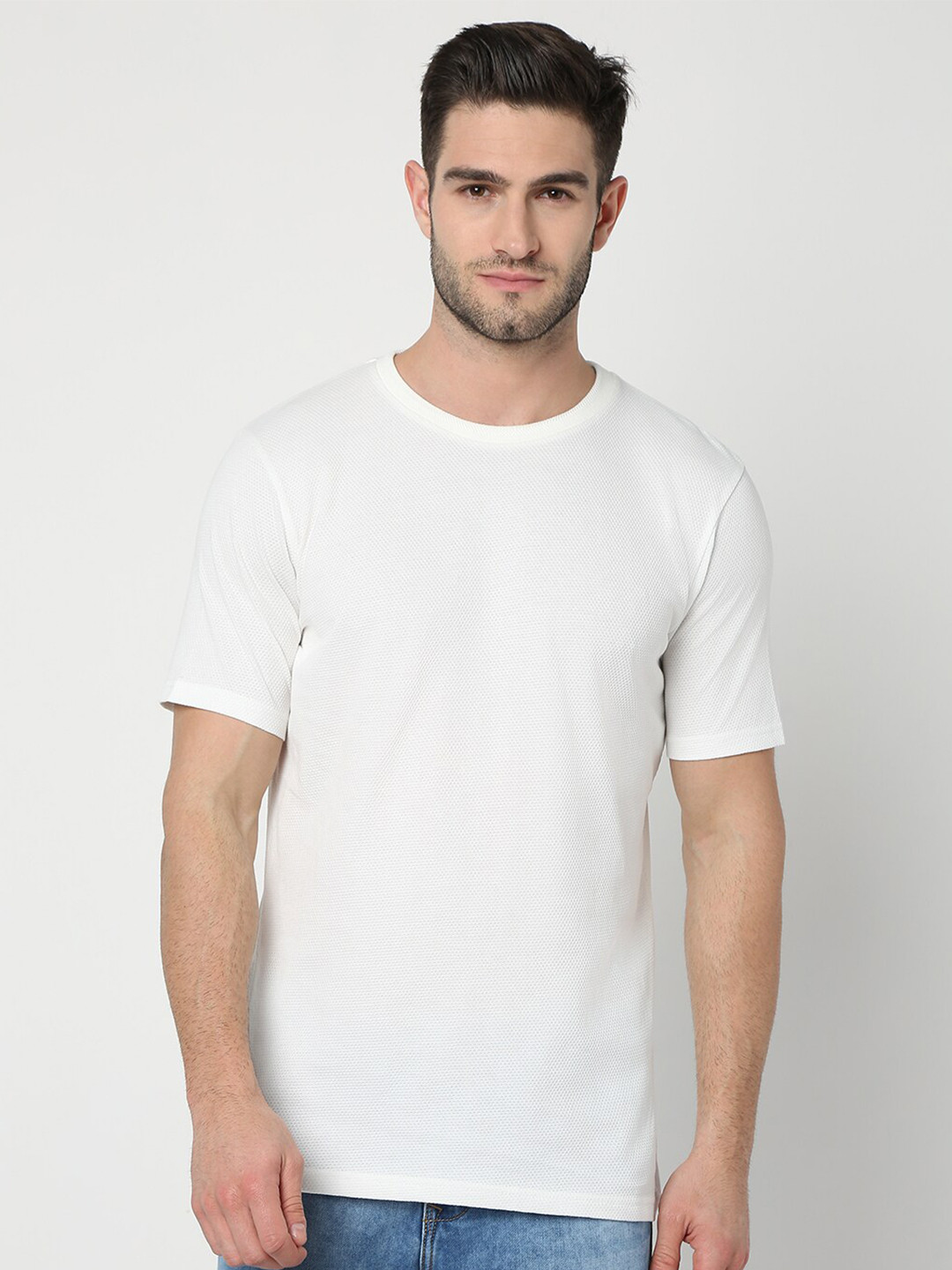 

R&B Round Neck Short Sleeves Cotton T-shirt, White