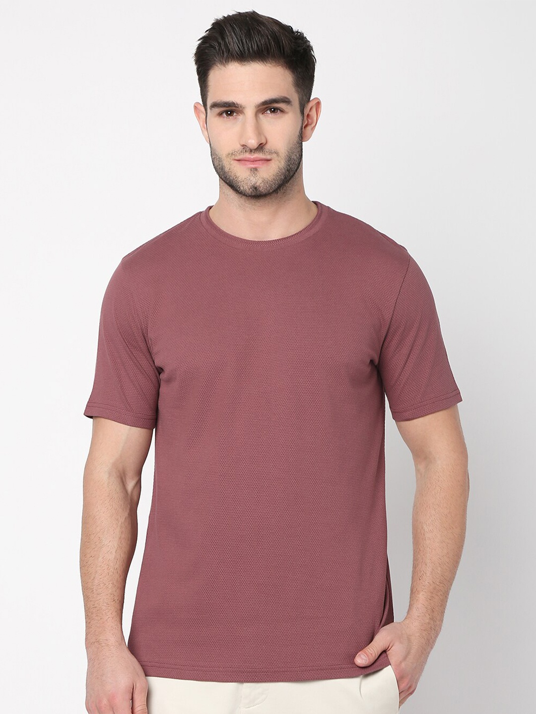 

R&B Round Neck Short Sleeves Cotton T-shirt, Pink