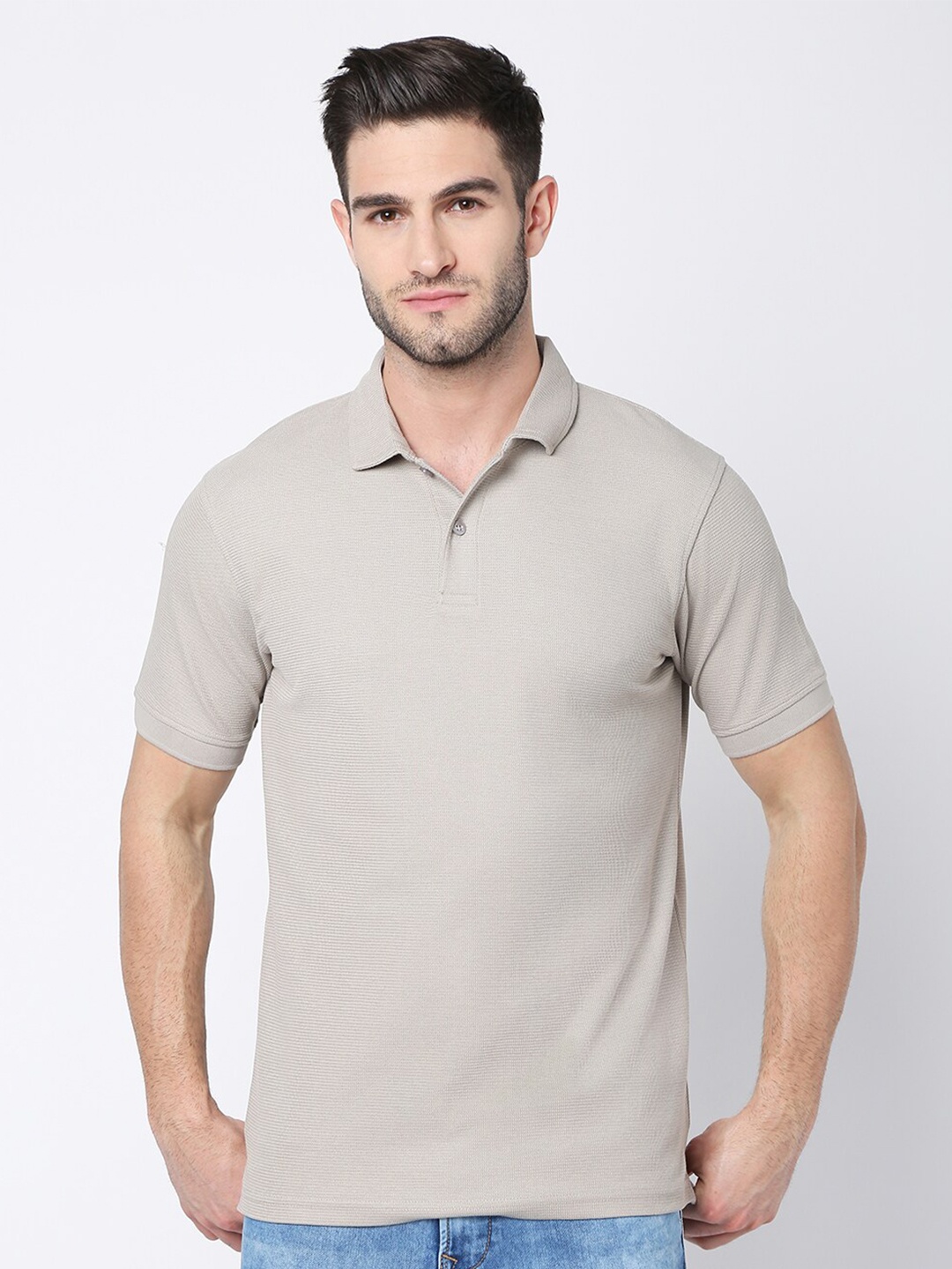 

R&B Polo Collar Short Sleeves Cotton T-shirt, Beige
