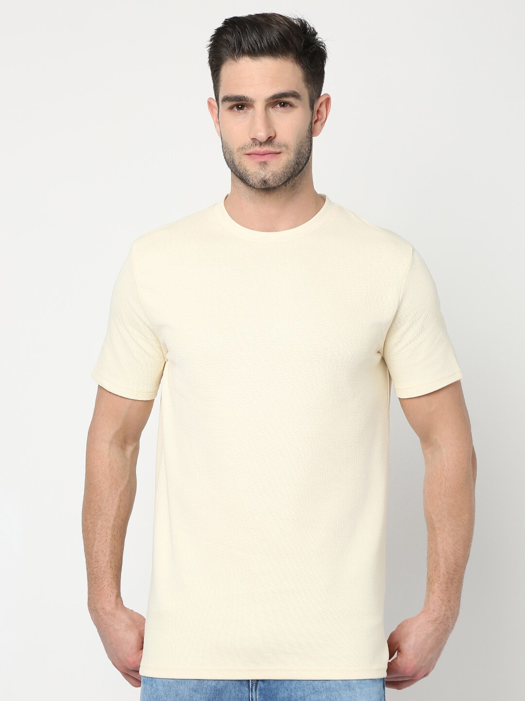 

R&B Round Neck Cotton T-shirt, Cream
