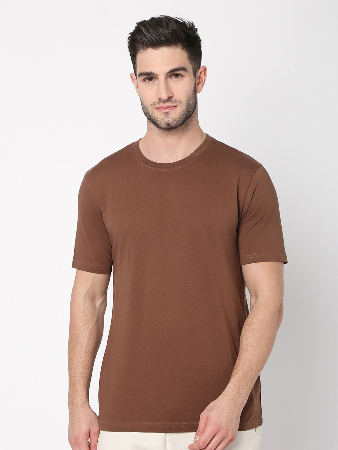

R&B Round Neck Cotton T-shirt, Brown
