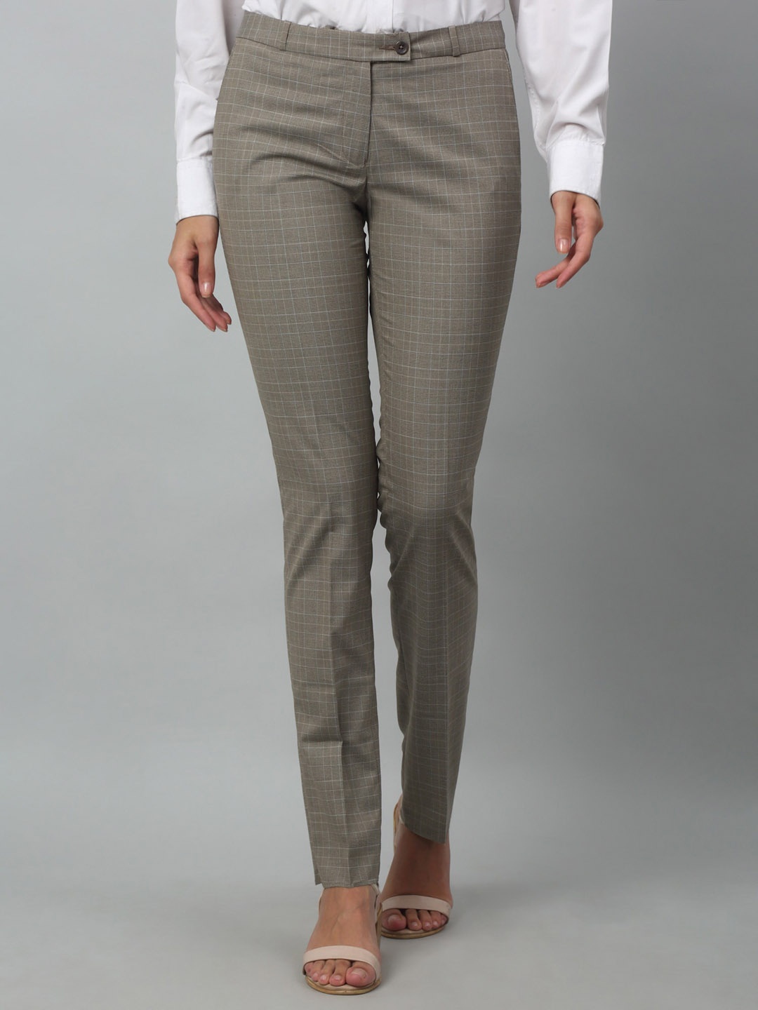 

Crozo By Cantabil Women Checked Lycra Formal Trousers, Brown