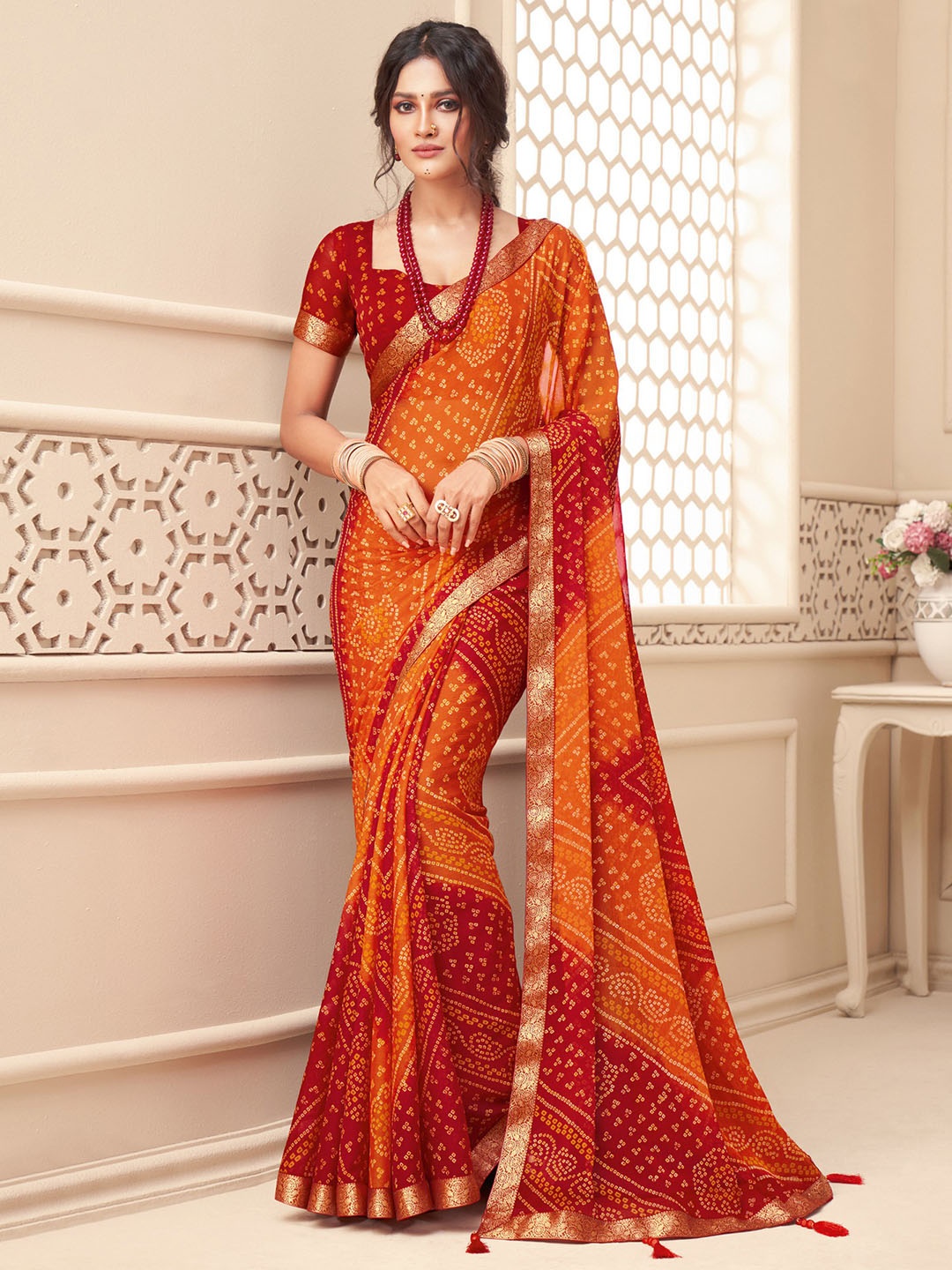 

Satrani Bandhani Poly Chiffon Fusion Bandhani Saree, Orange