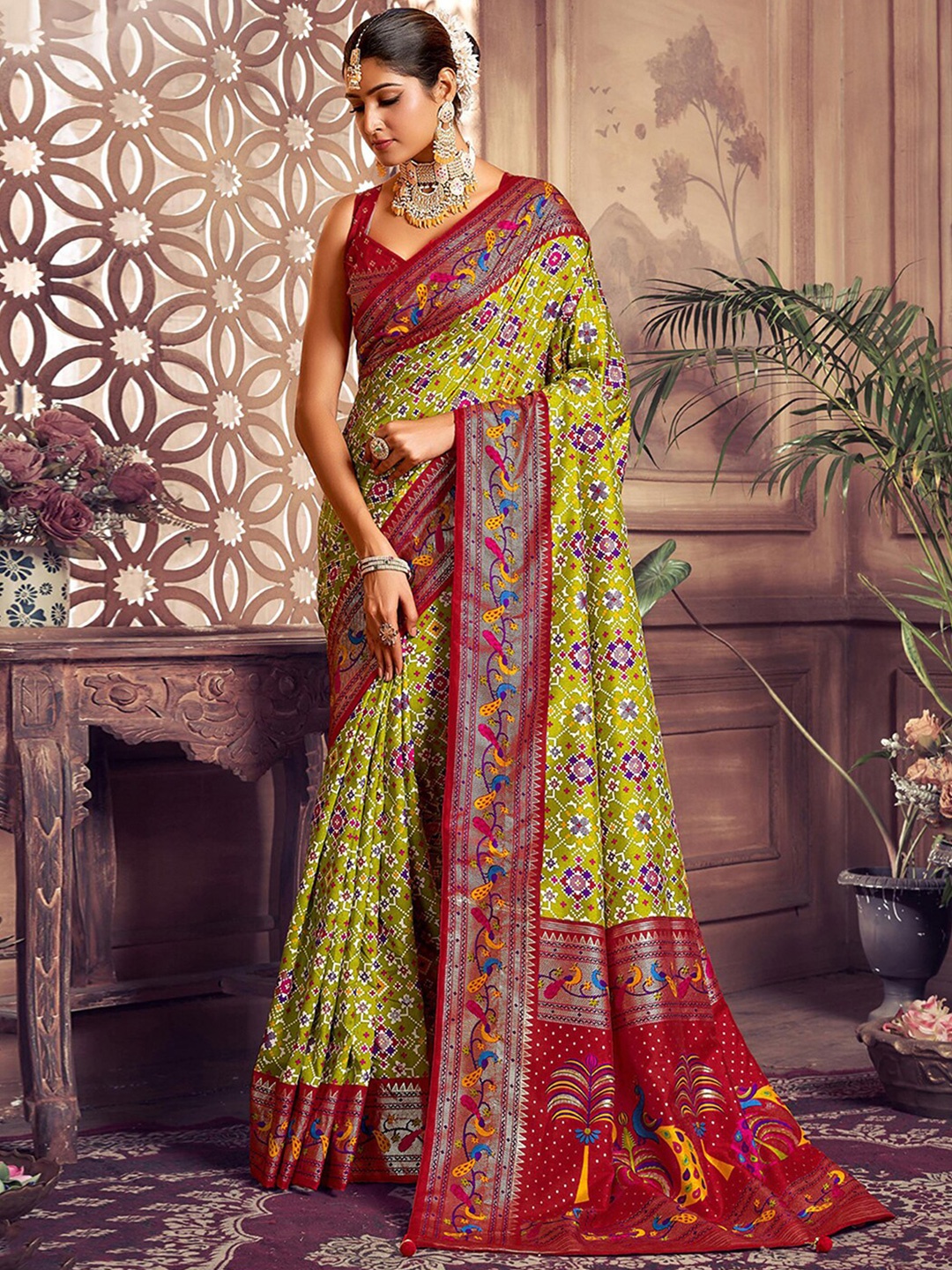 

Satrani Printed & Tassels Silk Cotton Fusion Saree, Green