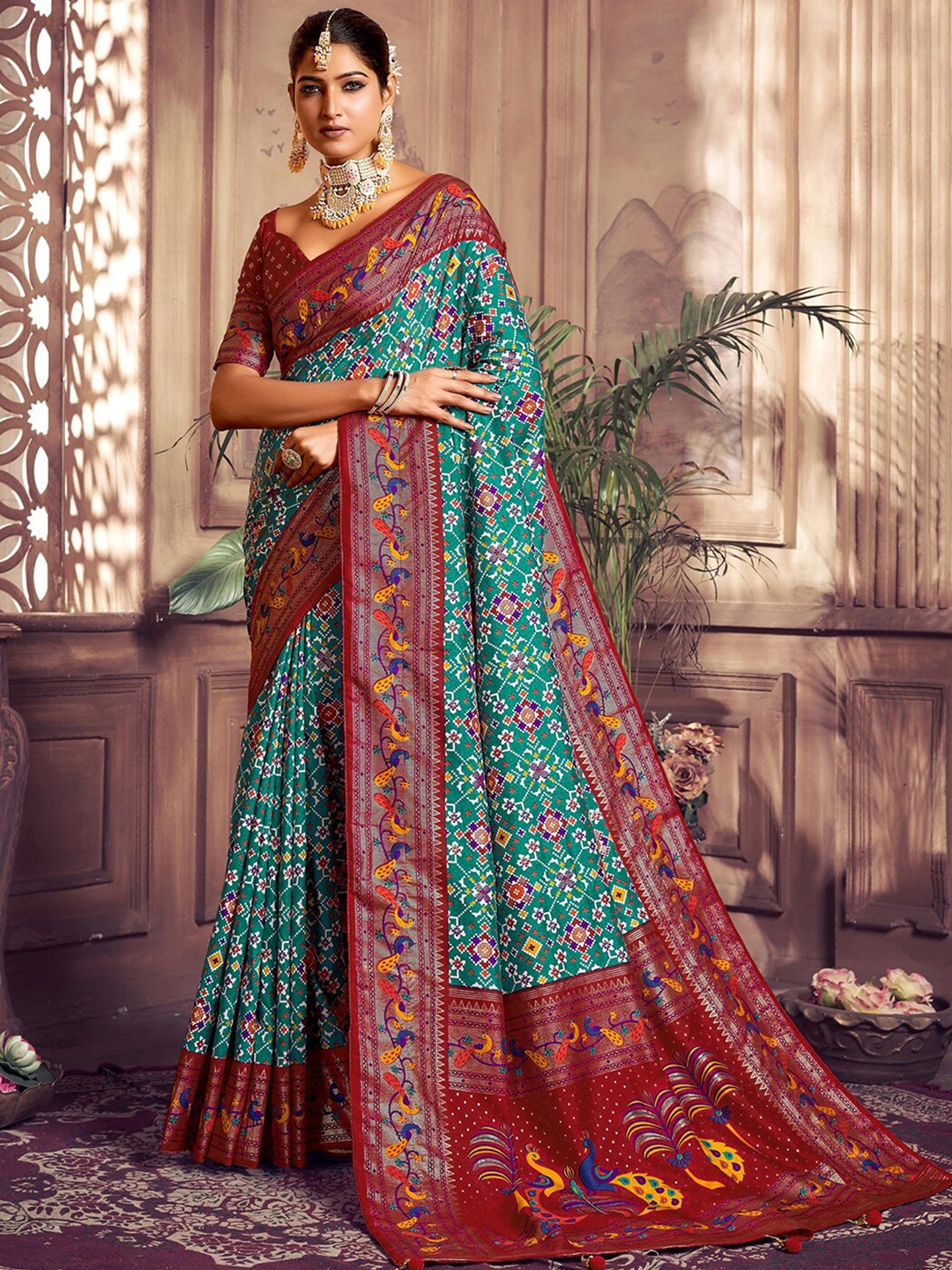 

Satrani Printed & Tassels Silk Cotton Fusion Saree, Teal