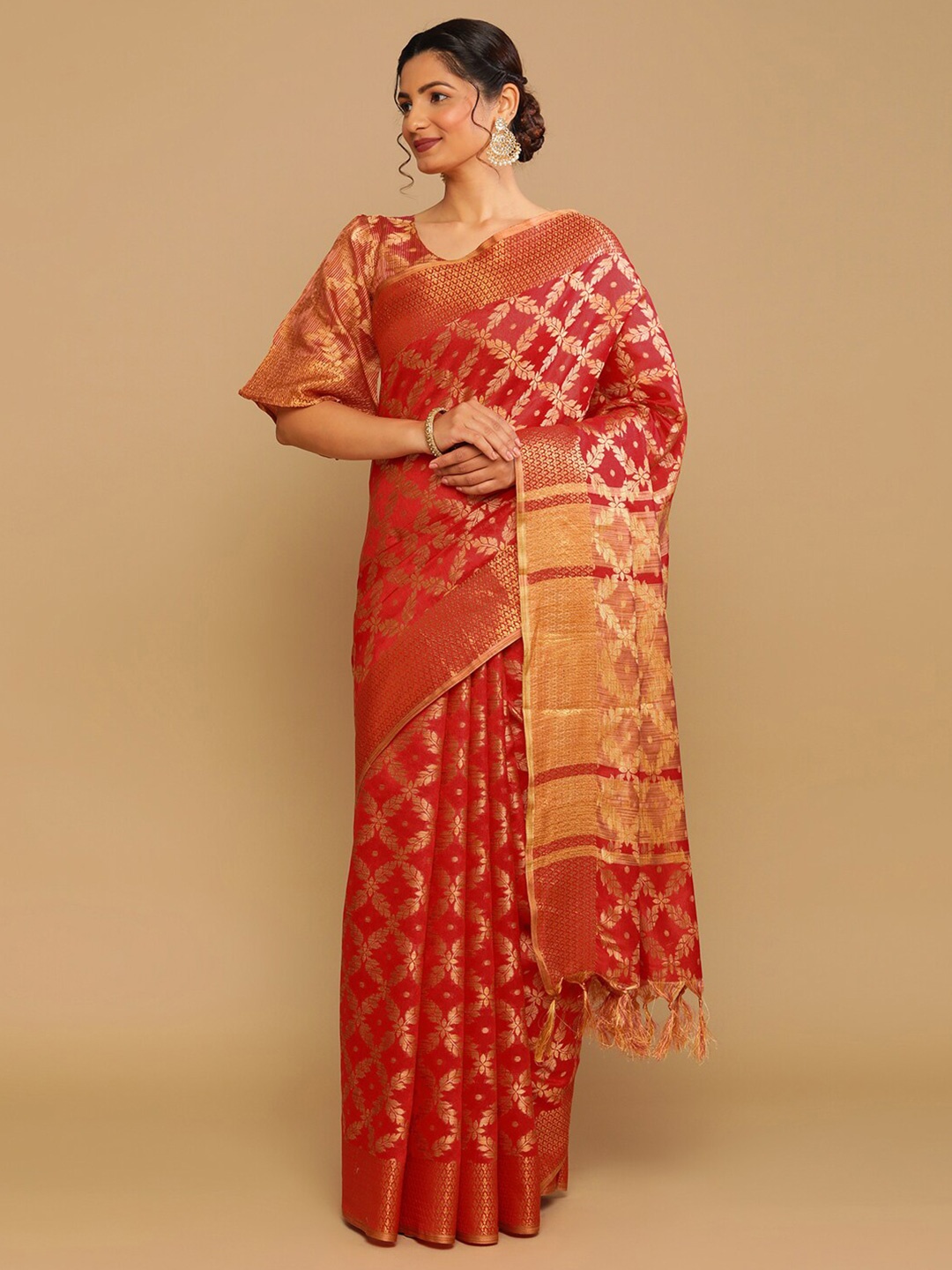 

Satrani Ethnic Motif Woven Design Silk Cotton Fusion Saree, Red