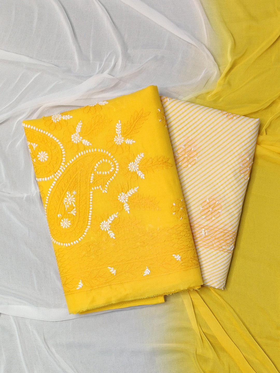 

Seva Chikan Lucknowi ChikankarI Embroidered Unstitched Dress Material, Yellow