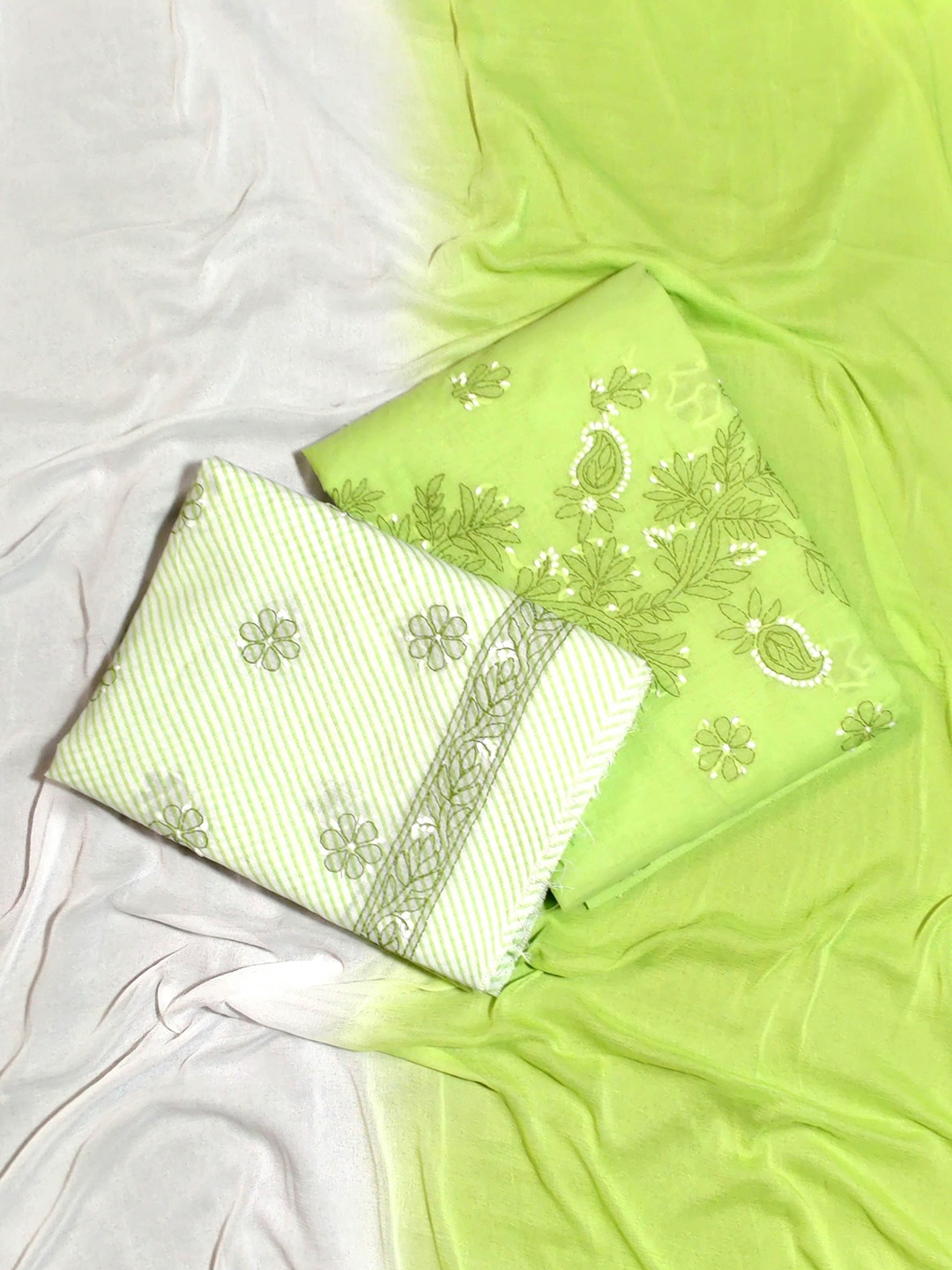 

Seva Chikan Floral Lucknowi Chikankari Embroidered Unstitched Dress Material, Green